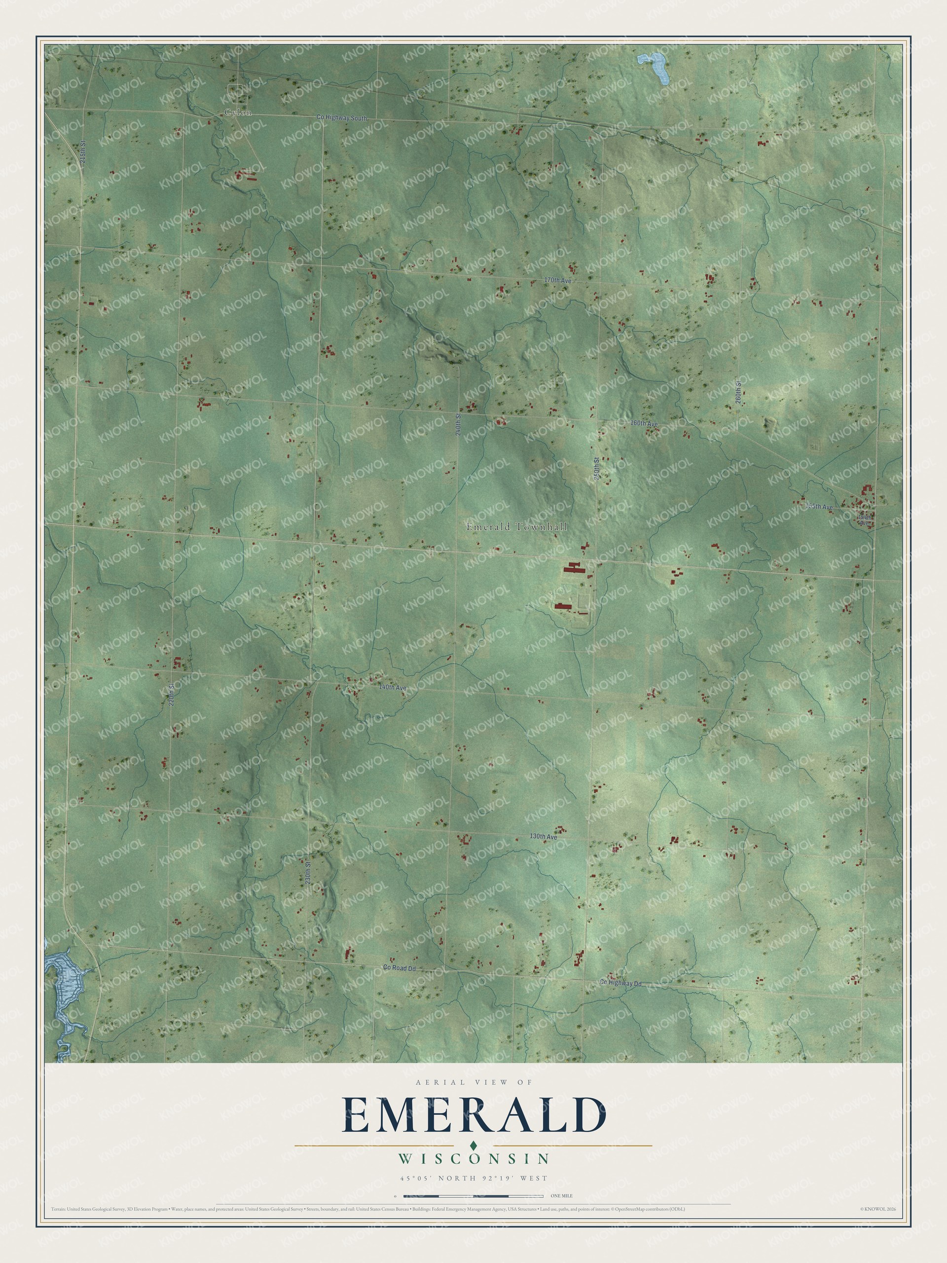 Full map of Emerald, Wisconsin, with red buildings, printed street names and the land around them