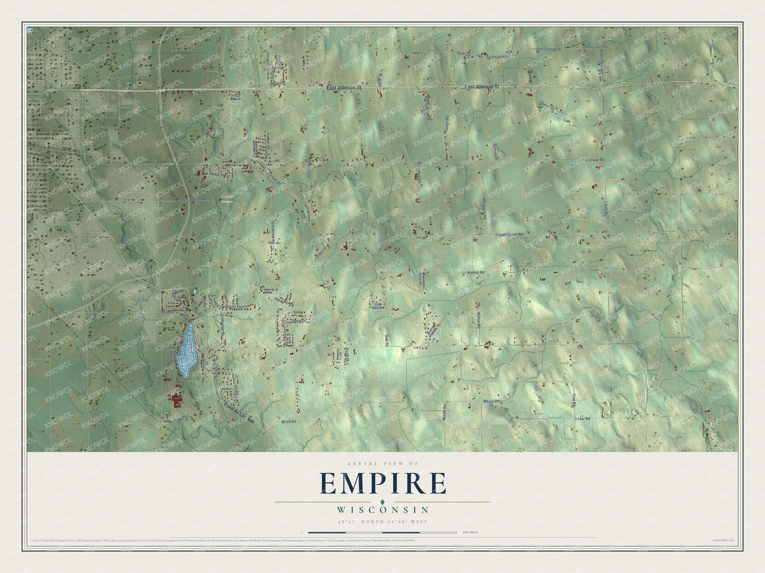 Full map of Empire, Wisconsin, with red buildings, printed street names and the land around them