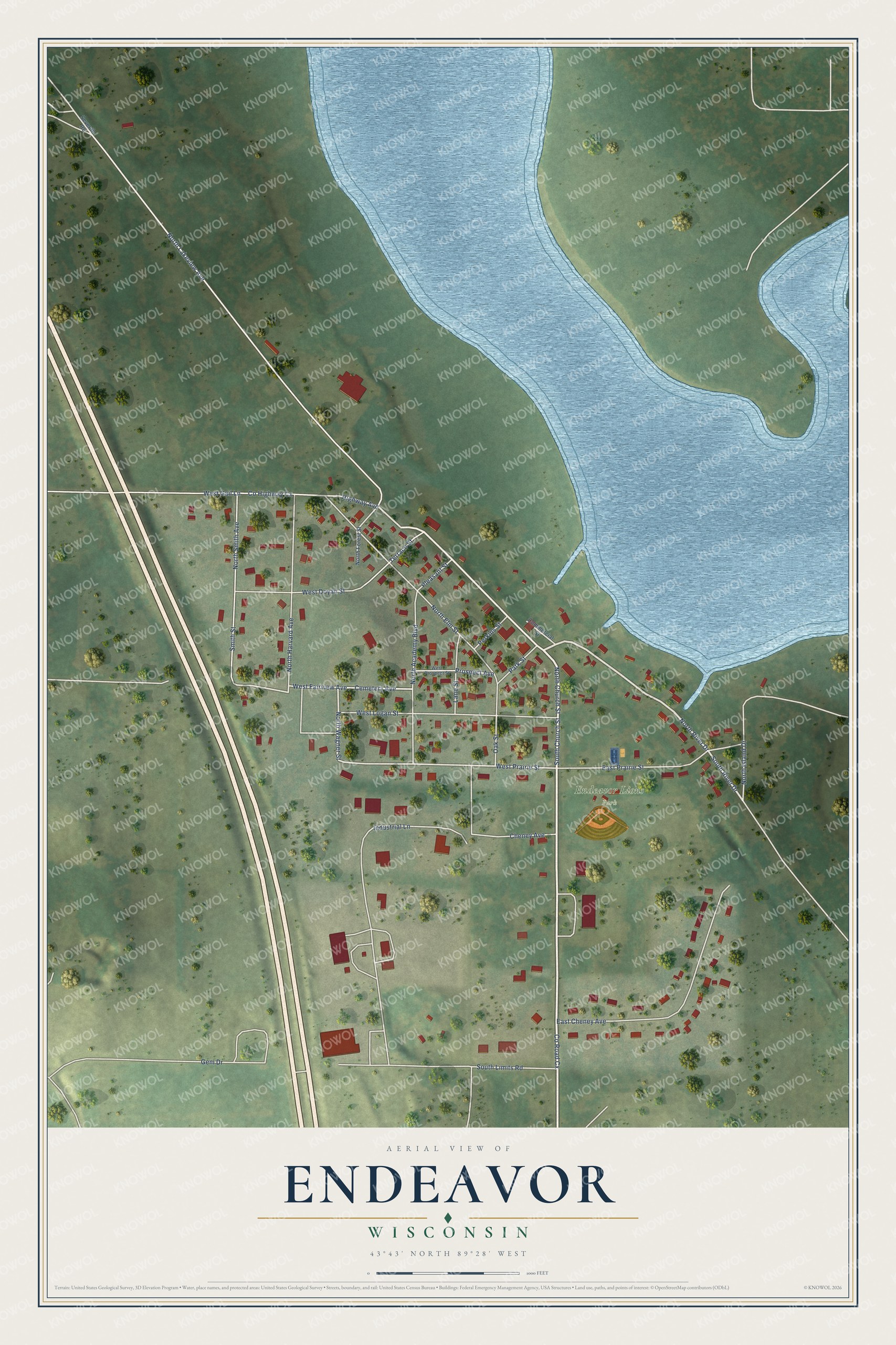 Full map of Endeavor, Wisconsin, with red buildings, printed street names and the land around them