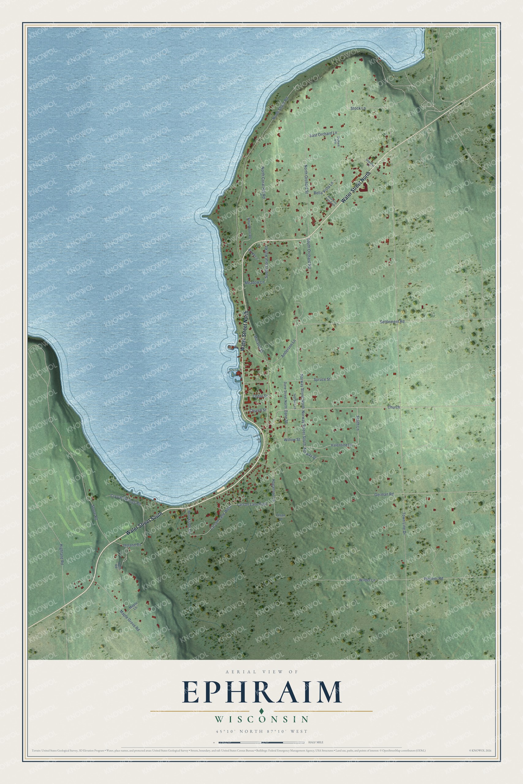 Full map of Ephraim, Wisconsin, with red buildings, printed street names and the land around them