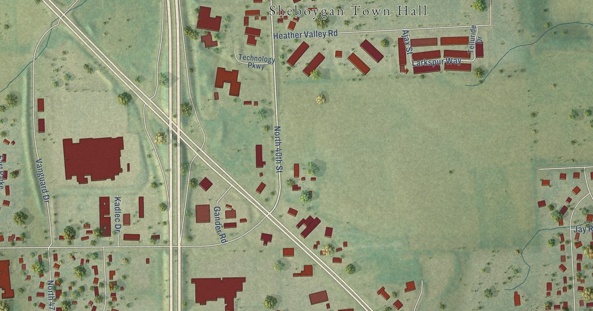 Close-up of streets and buildings in Erdman, Wisconsin