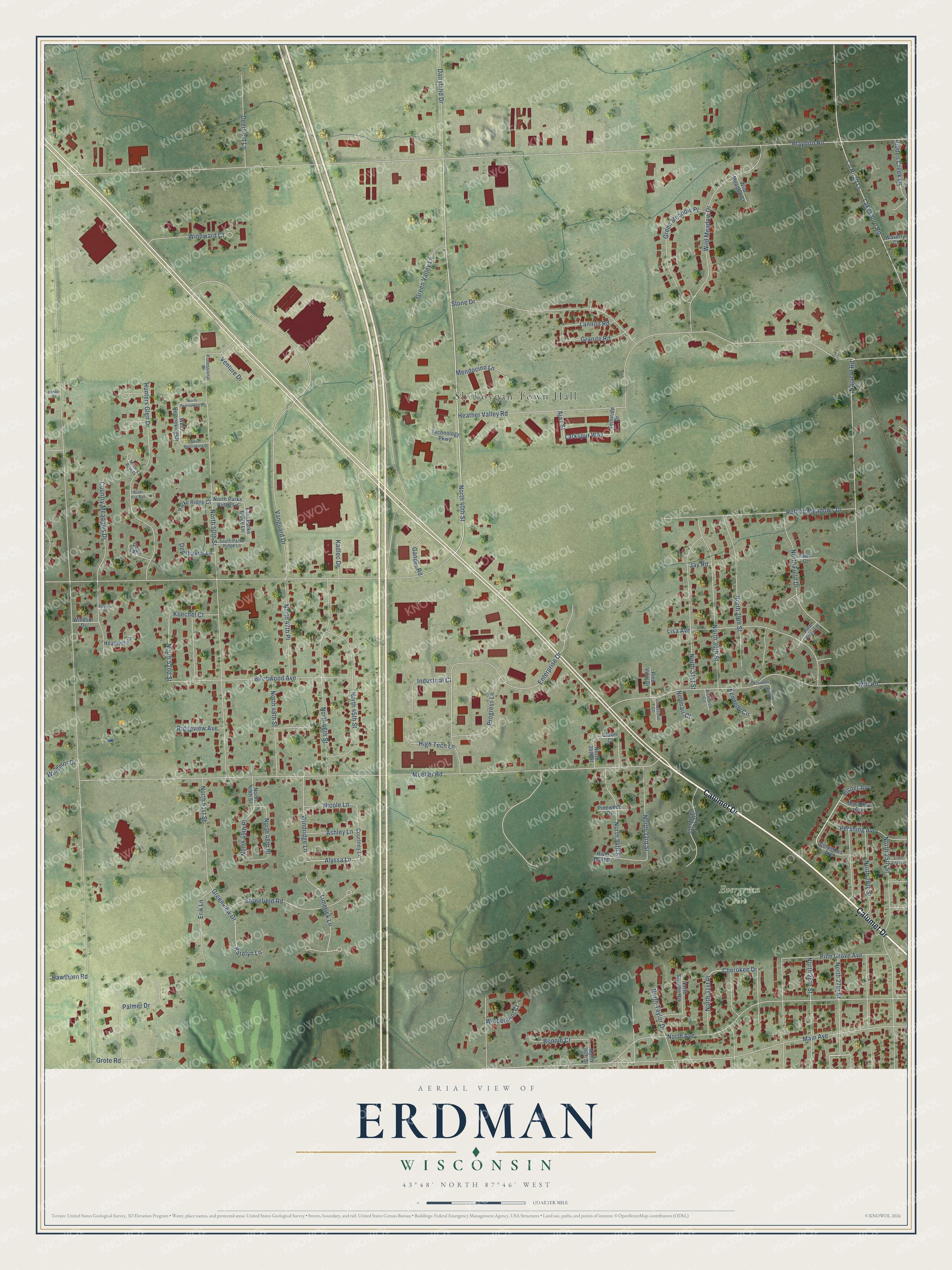 Full map of Erdman, Wisconsin, with red buildings, printed street names and the land around them