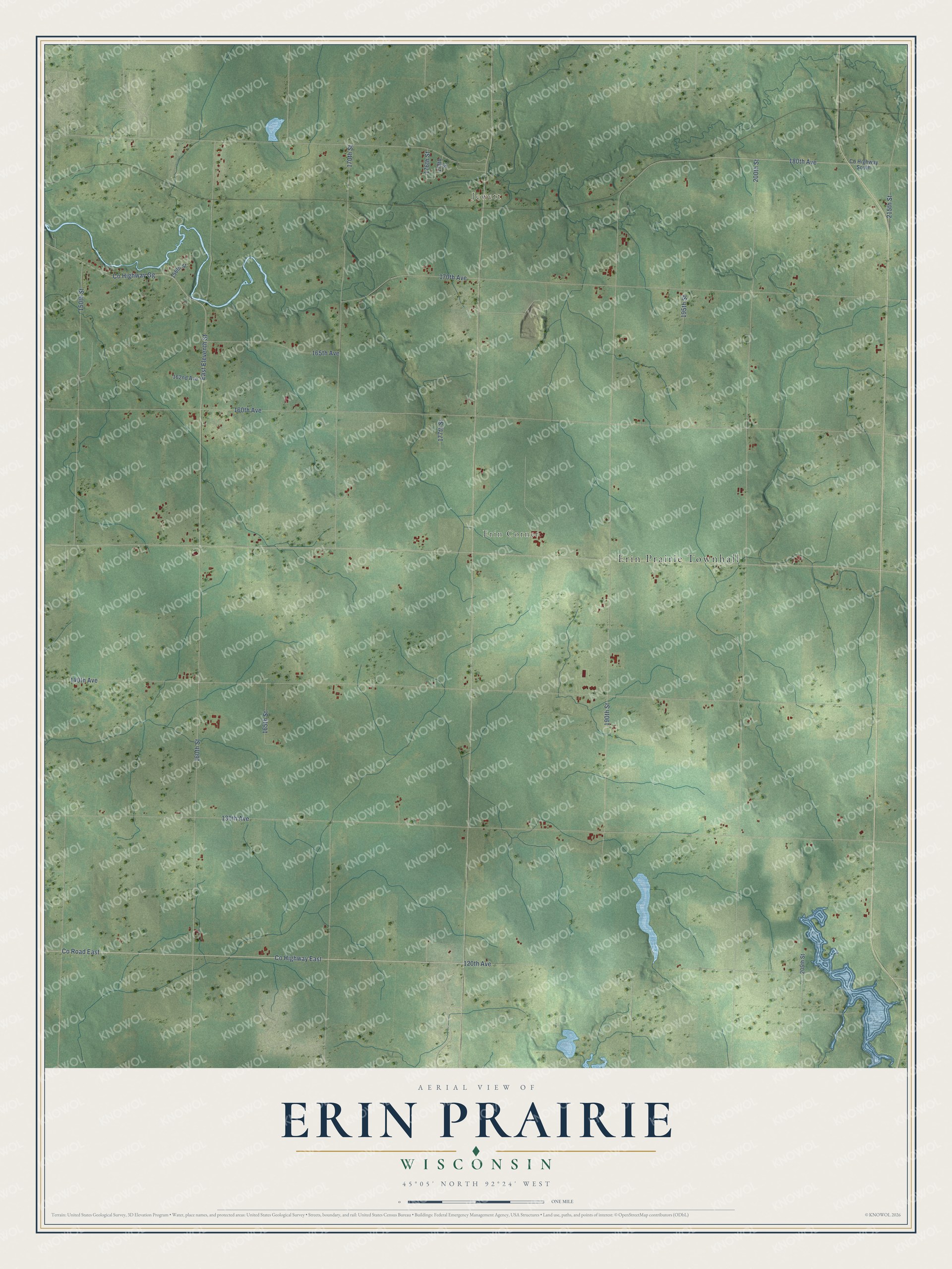 Full map of Erin Prairie, Wisconsin, with red buildings, printed street names and the land around them