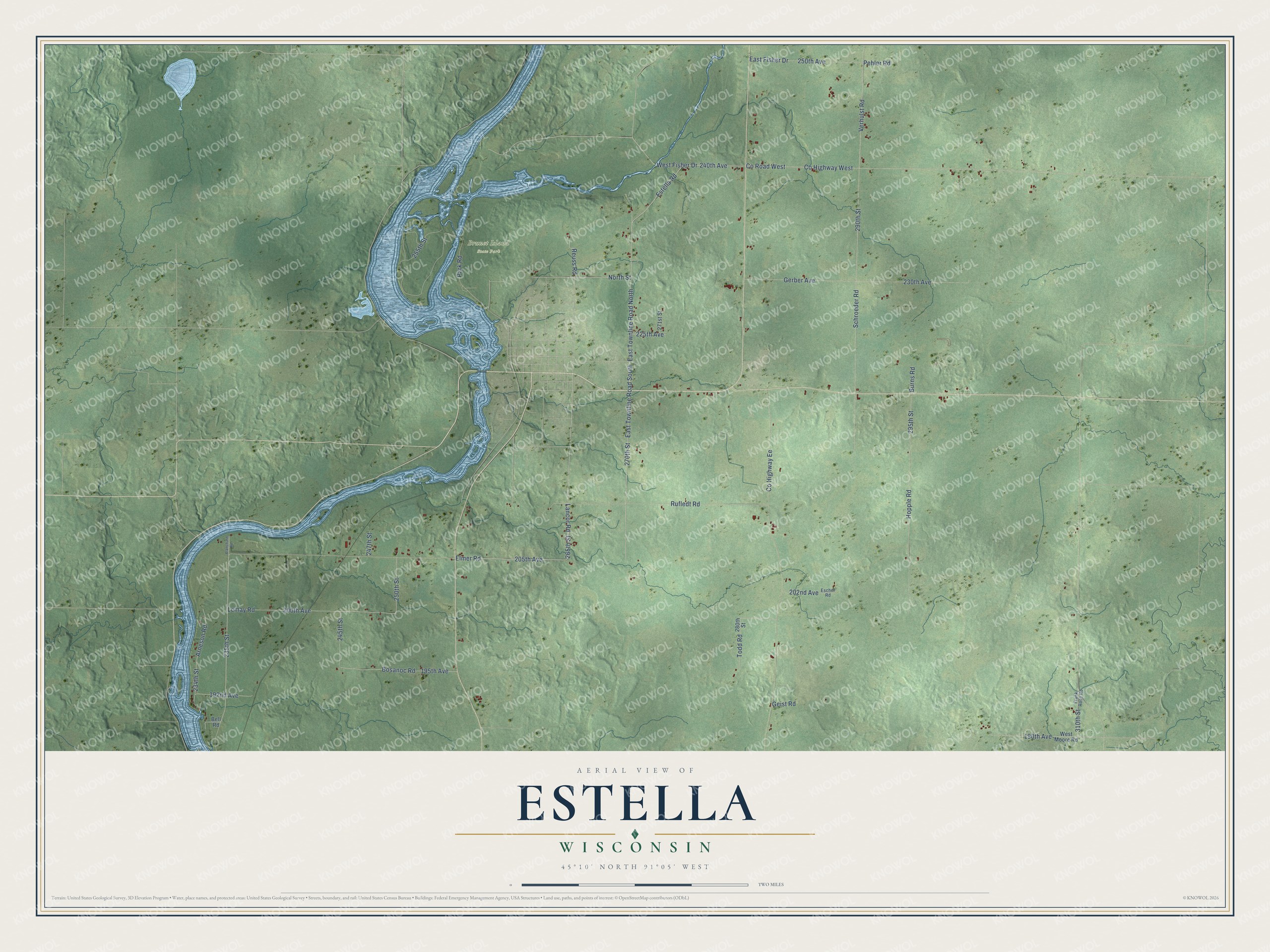 Full map of Estella, Wisconsin, with red buildings, printed street names and the land around them