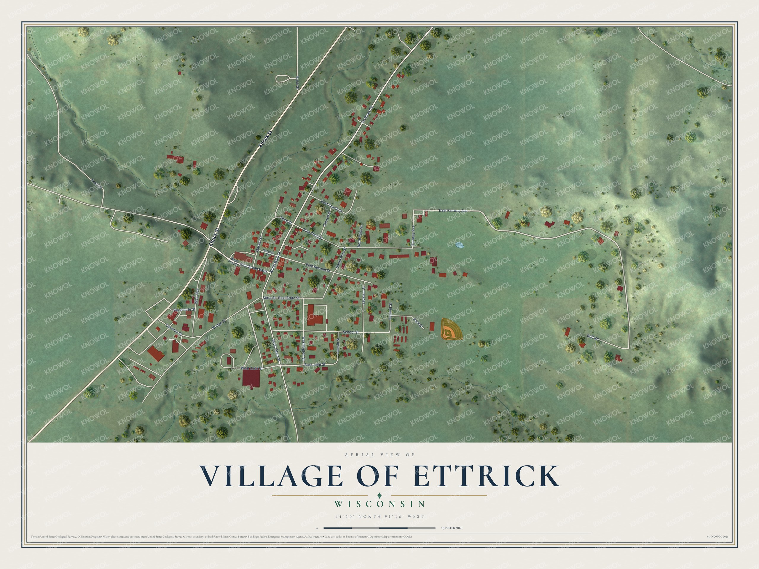 Full map of Ettrick, Wisconsin, with red buildings, printed street names and the land around them