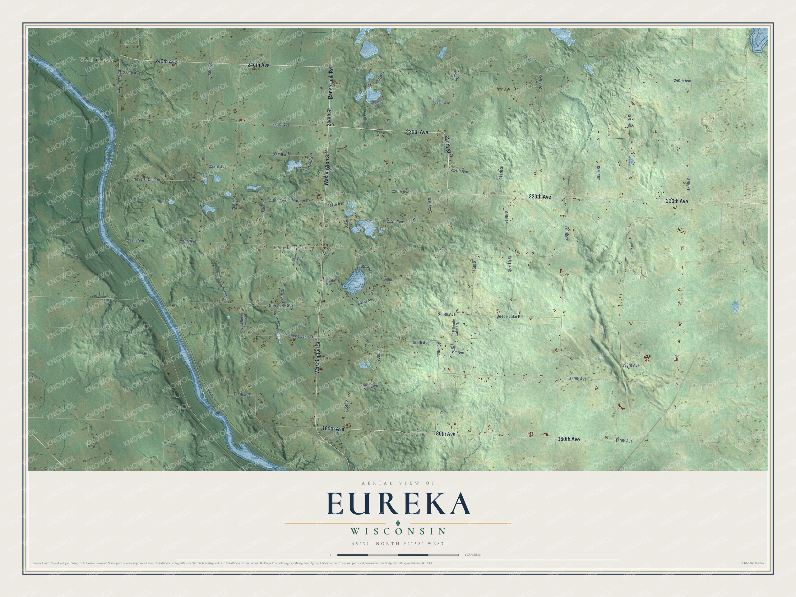Full map of Eureka, Wisconsin, with red buildings, printed street names and the land around them
