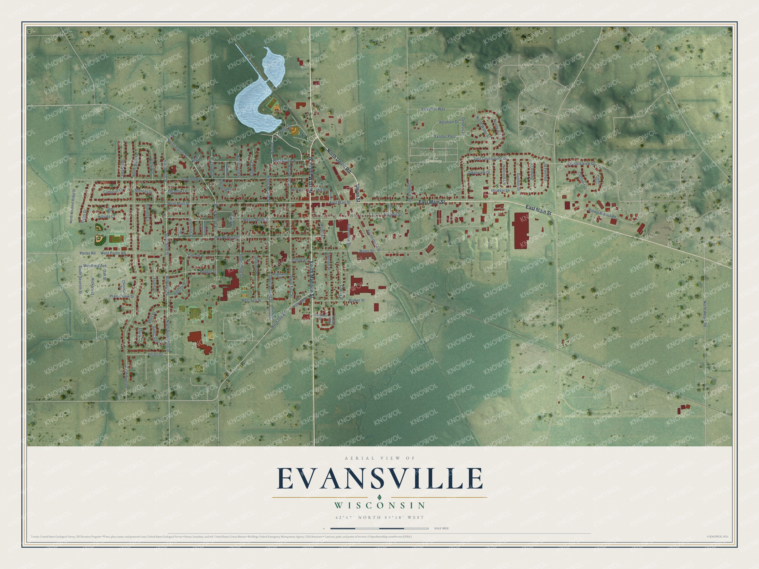 Full map of Evansville, Wisconsin, with red buildings, printed street names and the land around them