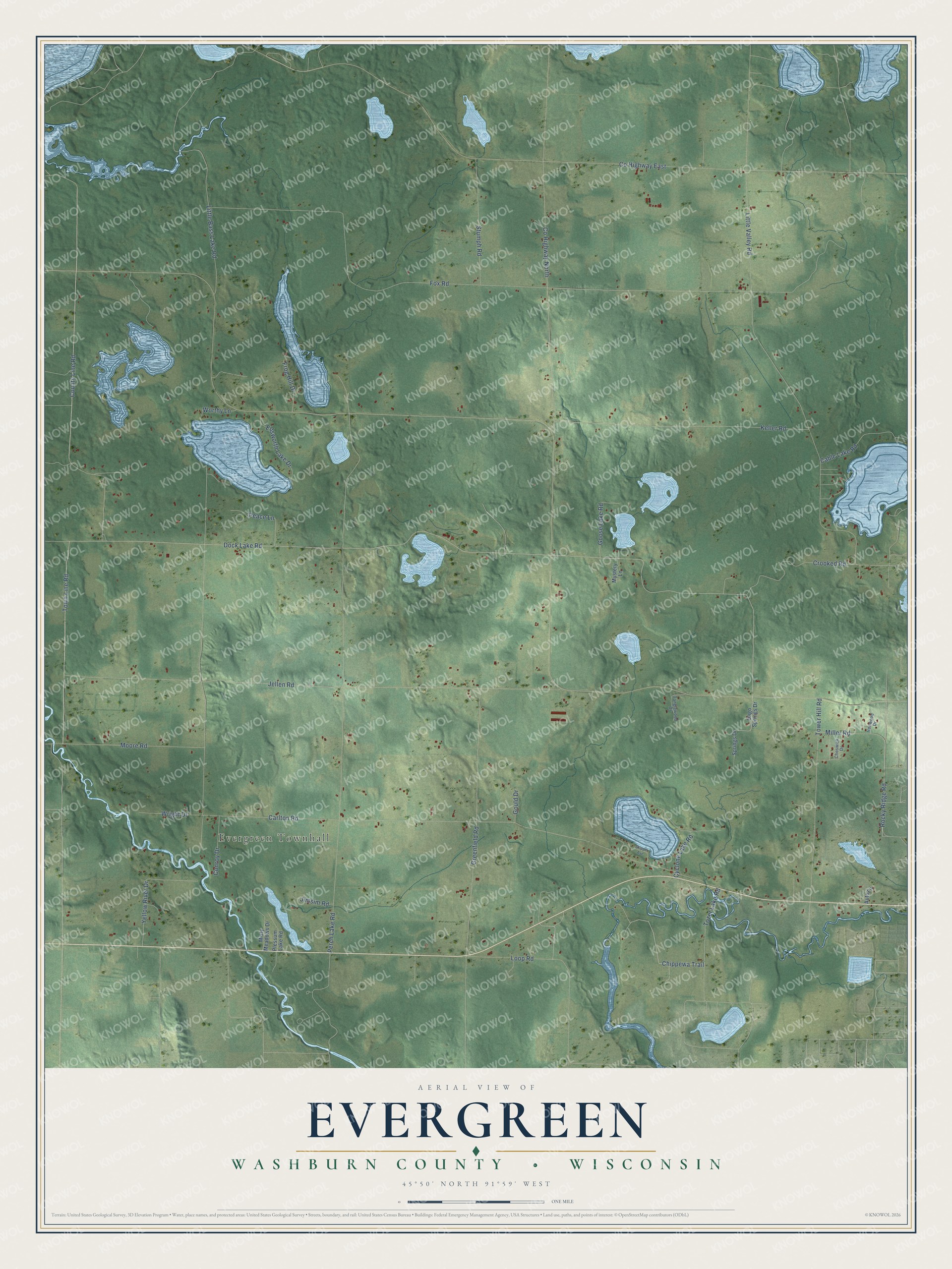 Full map of Evergreen, Wisconsin, with red buildings, printed street names and the land around them