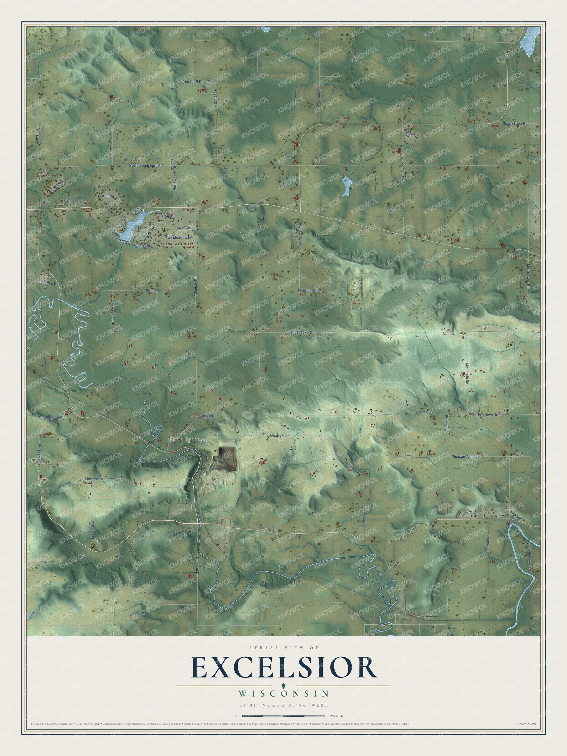 Full map of Excelsior, Wisconsin, with red buildings, printed street names and the land around them