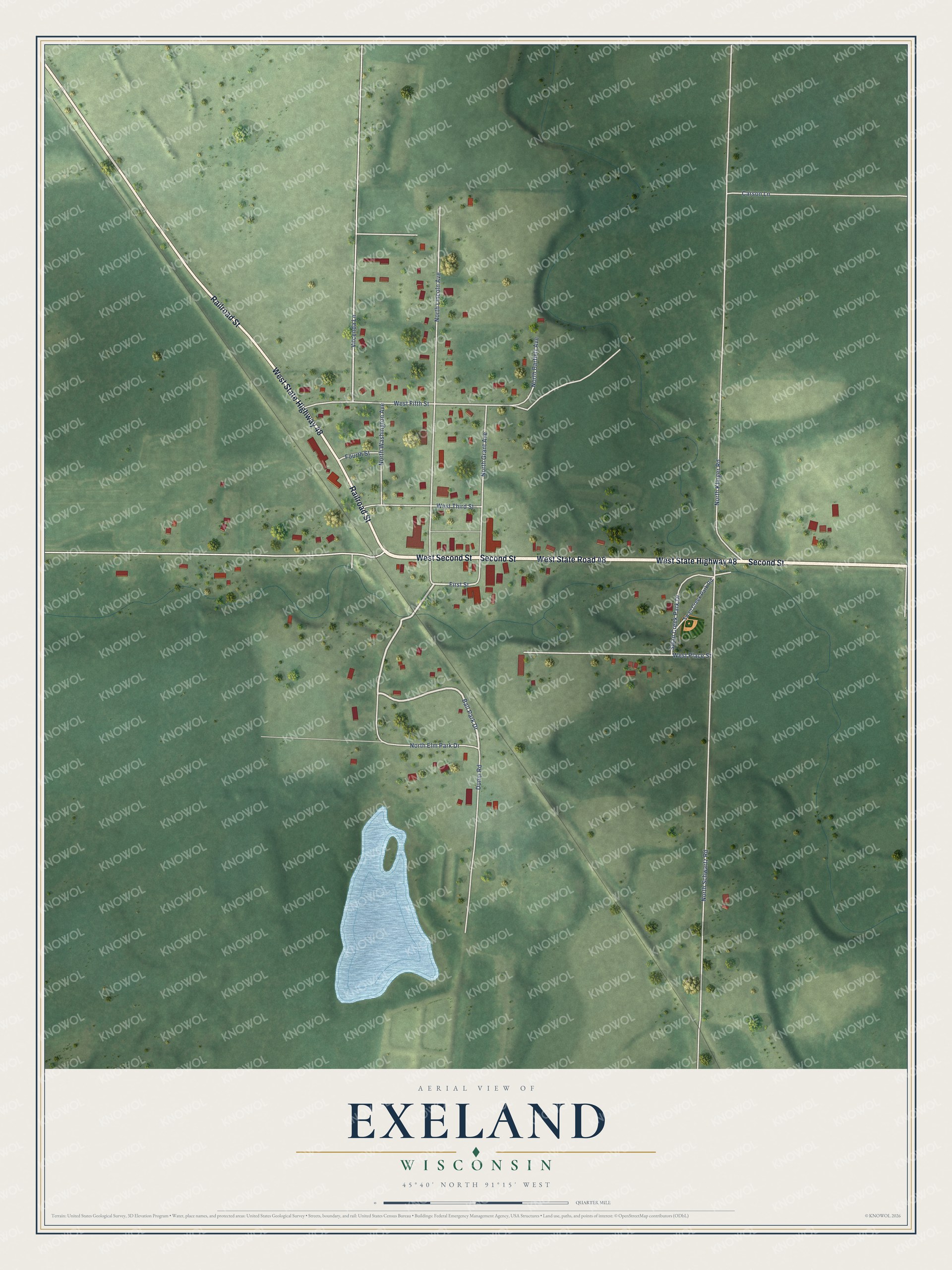 Full map of Exeland, Wisconsin, with red buildings, printed street names and the land around them