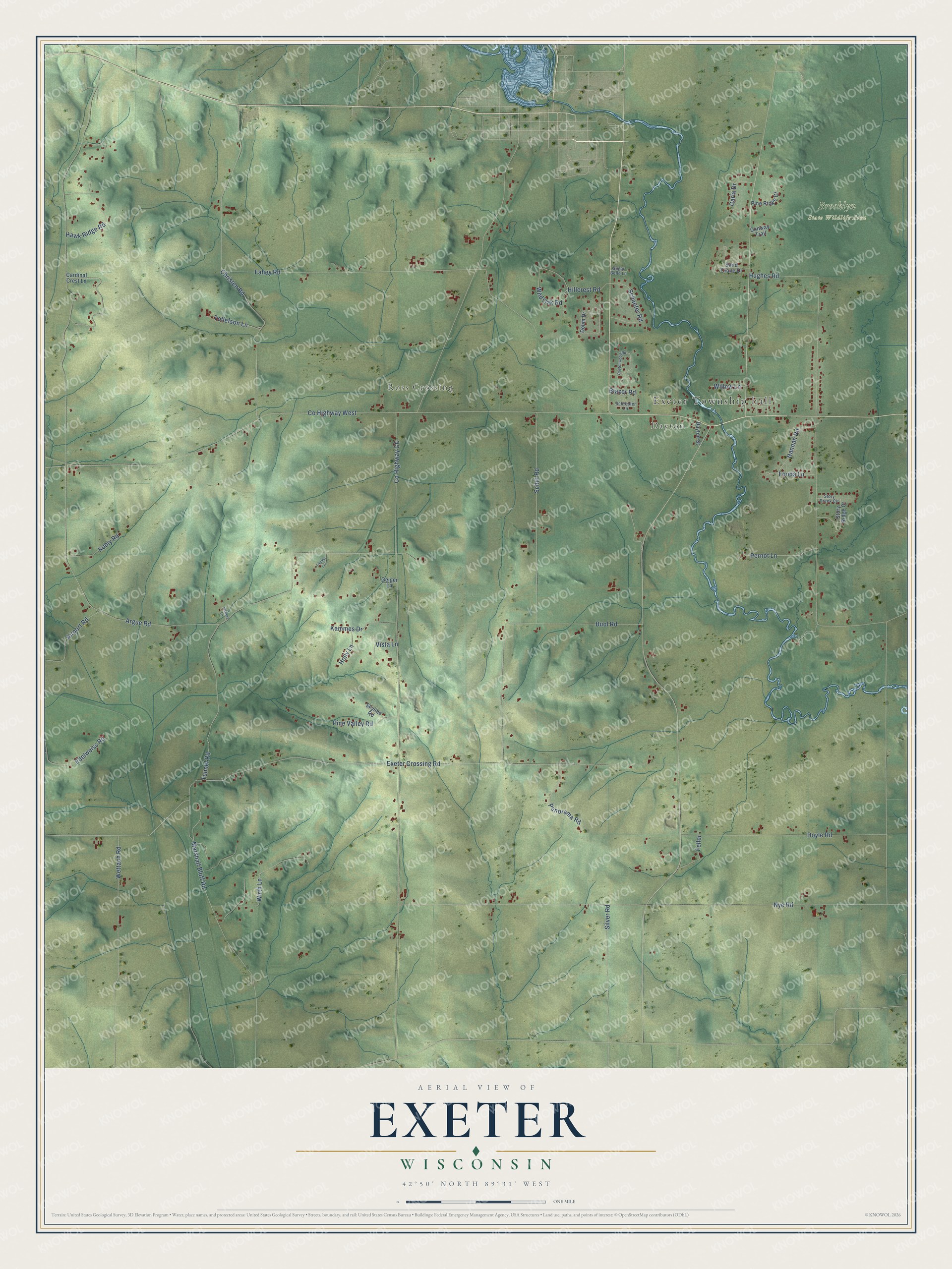 Full map of Exeter, Wisconsin, with red buildings, printed street names and the land around them
