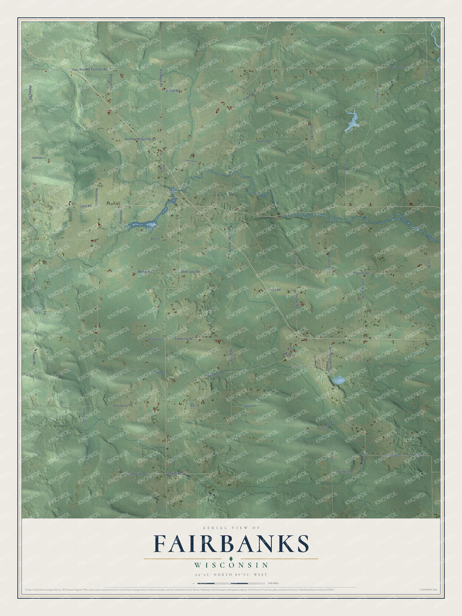 Full map of Fairbanks, Wisconsin, with red buildings, printed street names and the land around them