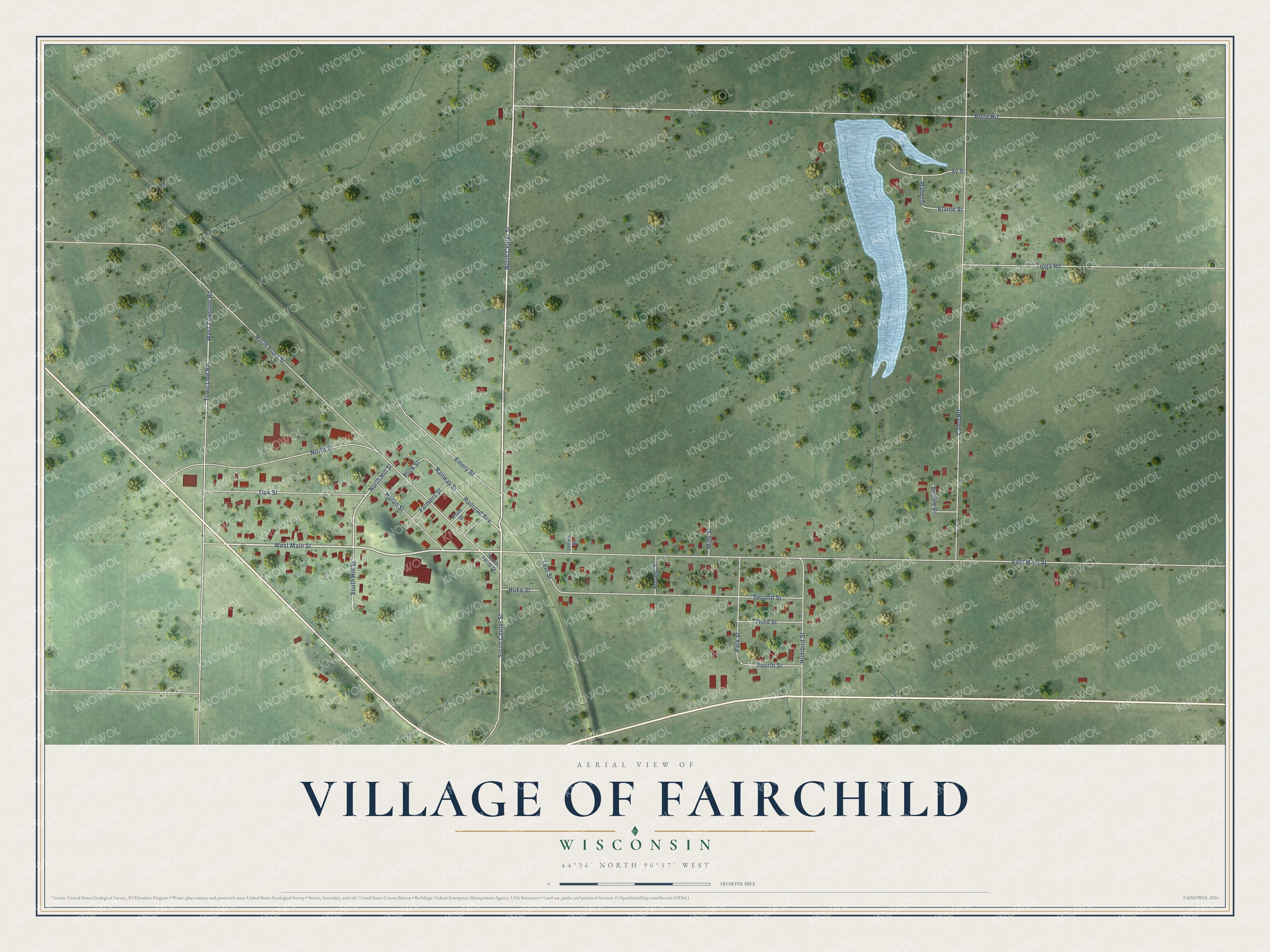 Full map of Fairchild, Wisconsin, with red buildings, printed street names and the land around them