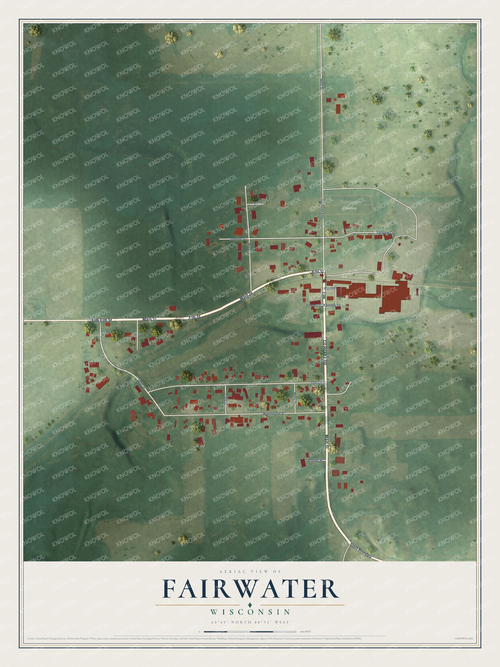 Full map of Fairwater, Wisconsin, with red buildings, printed street names and the land around them