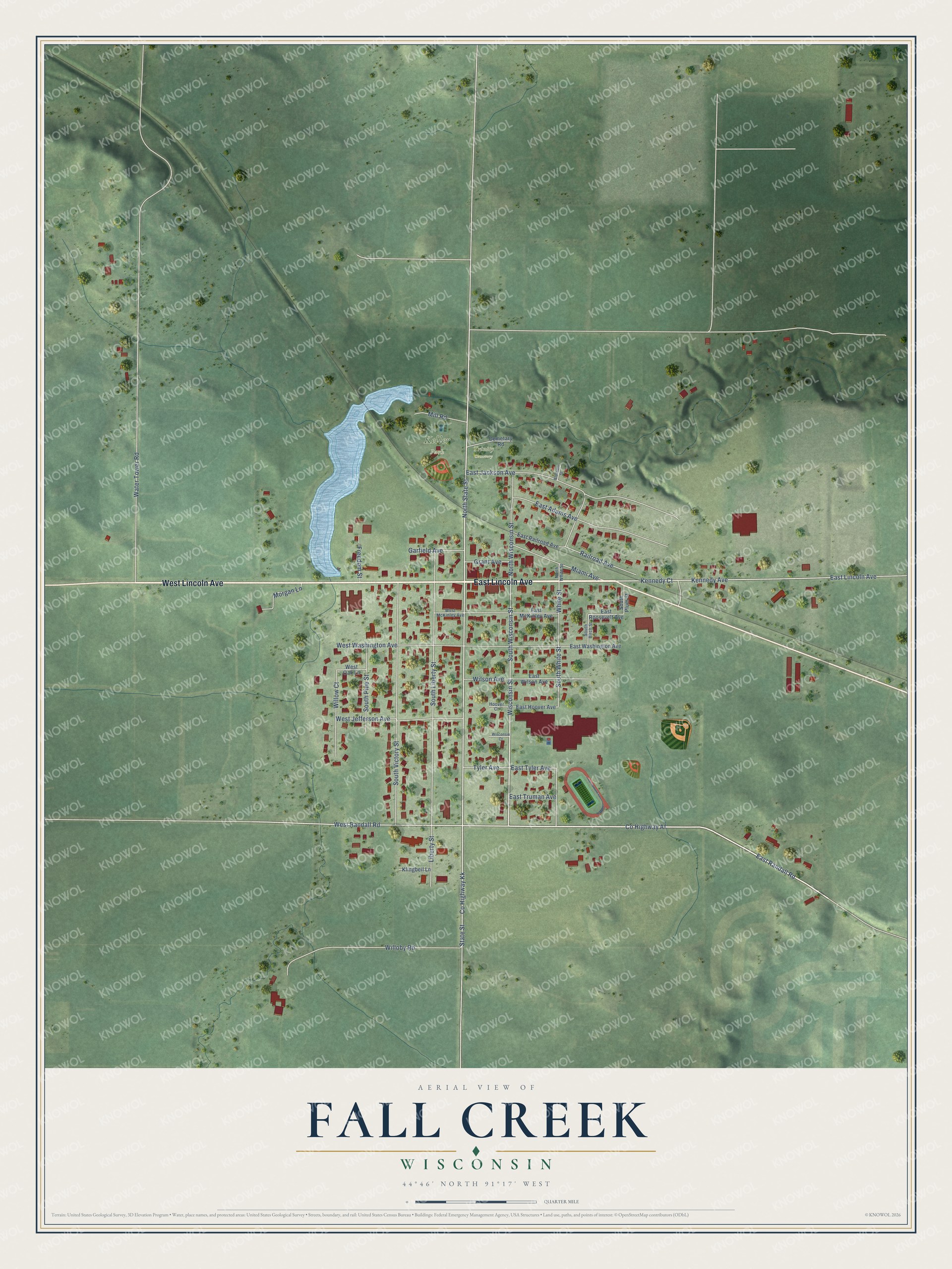 Full map of Fall Creek, Wisconsin, with red buildings, printed street names and the land around them