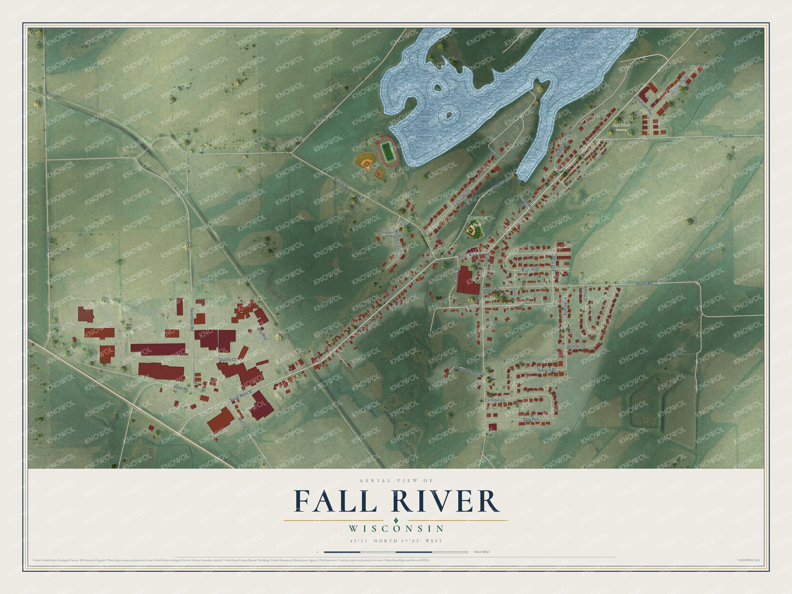 Full map of Fall River, Wisconsin, with red buildings, printed street names and the land around them