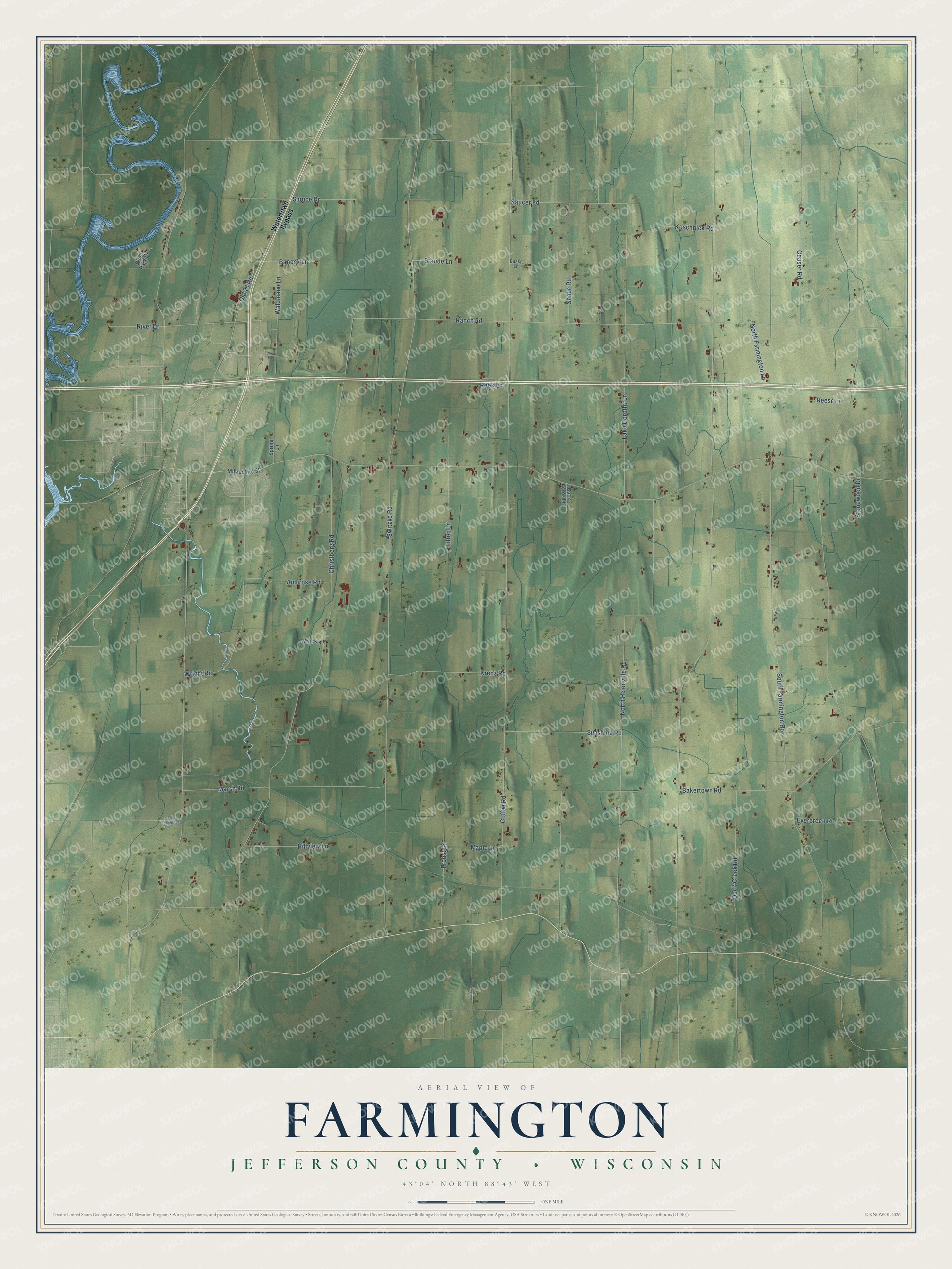 Full map of Farmington, Wisconsin, with red buildings, printed street names and the land around them