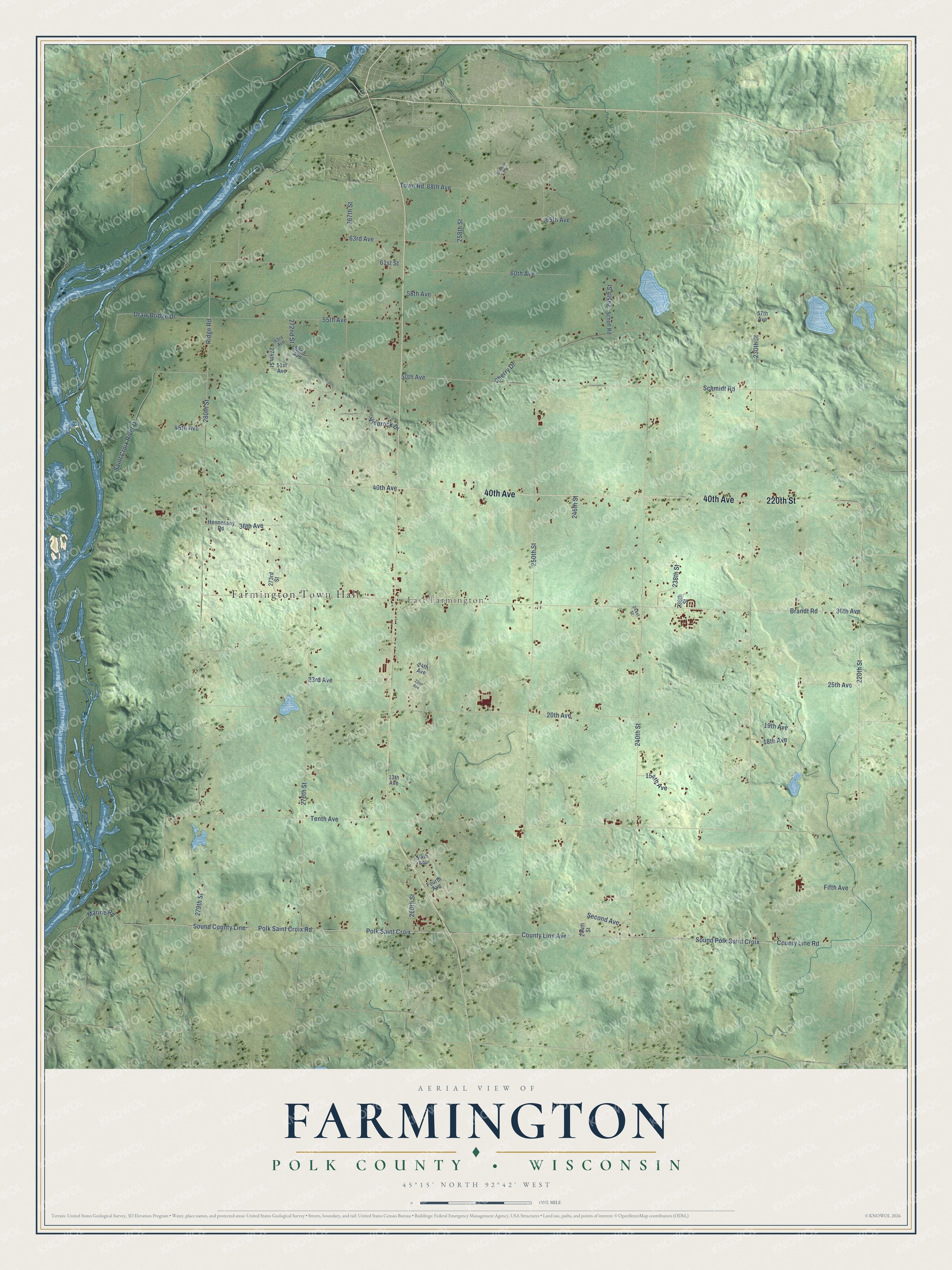 Full map of Farmington, Wisconsin, with red buildings, printed street names and the land around them