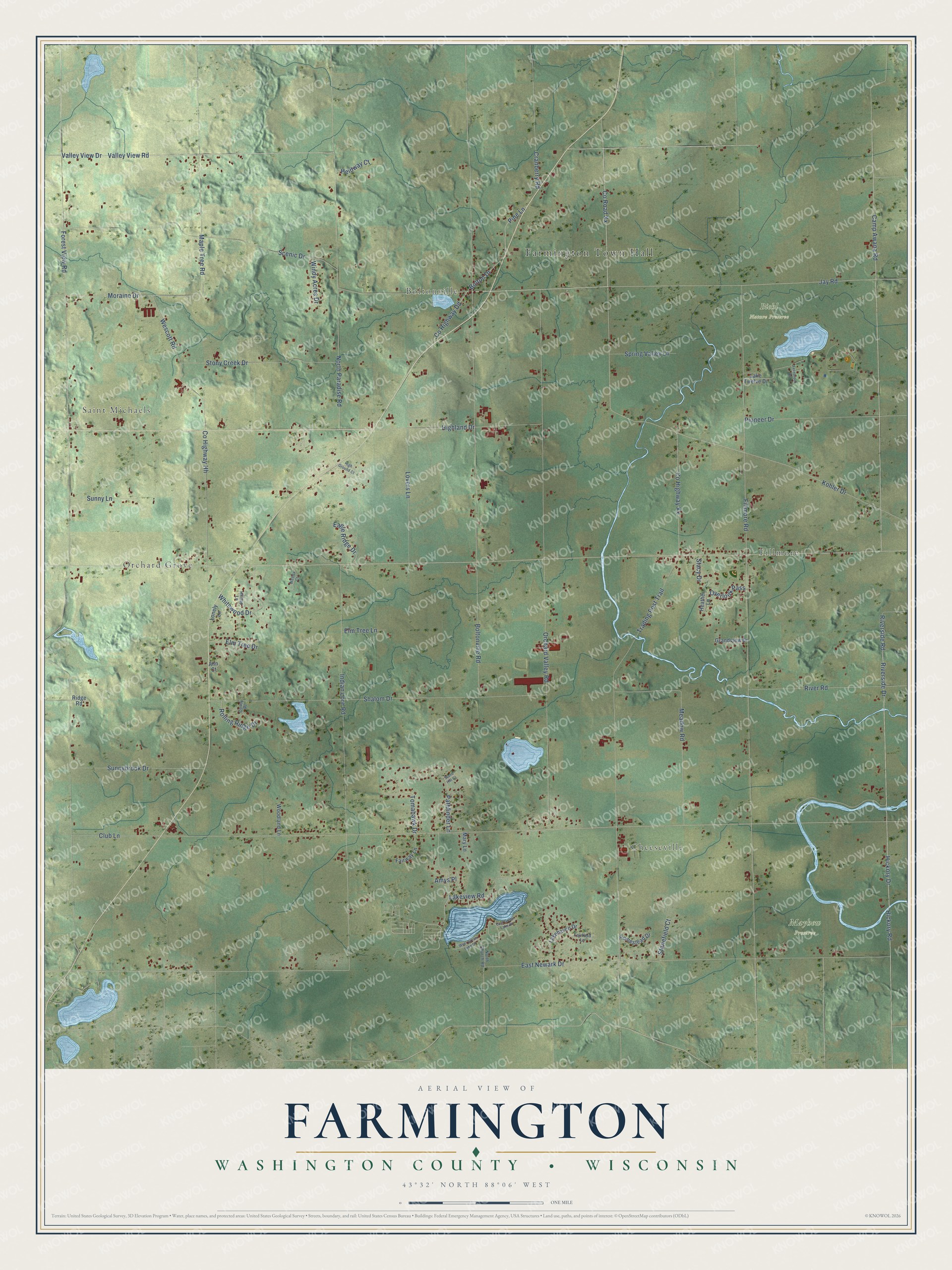 Full map of Farmington, Wisconsin, with red buildings, printed street names and the land around them