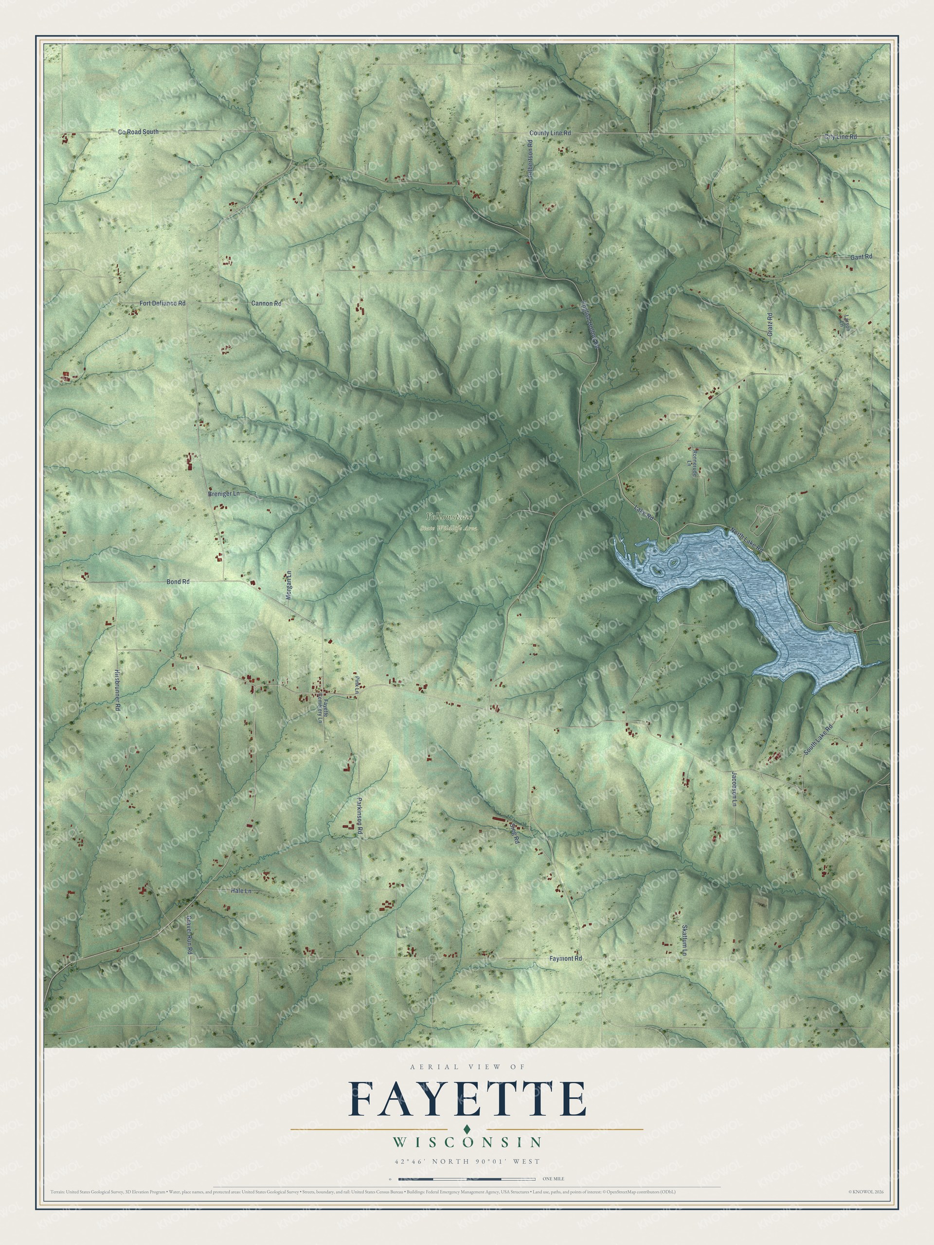 Full map of Fayette, Wisconsin, with red buildings, printed street names and the land around them