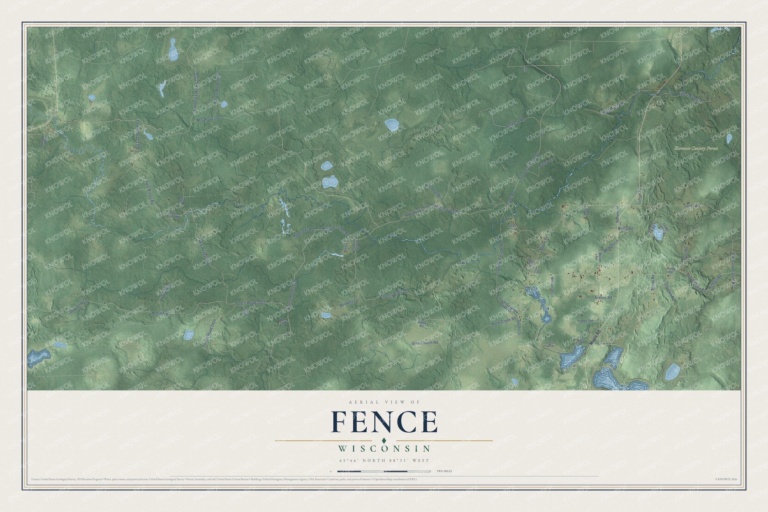 Full map of Fence, Wisconsin, with red buildings, printed street names and the land around them
