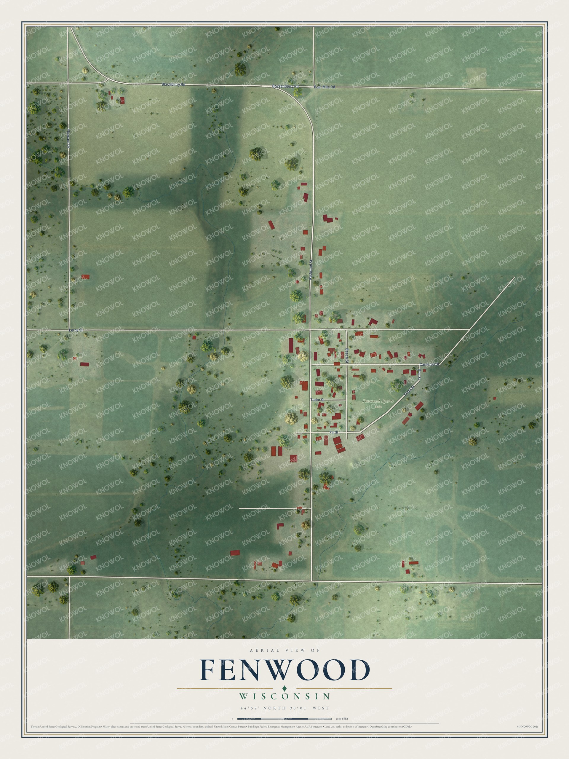 Full map of Fenwood, Wisconsin, with red buildings, printed street names and the land around them