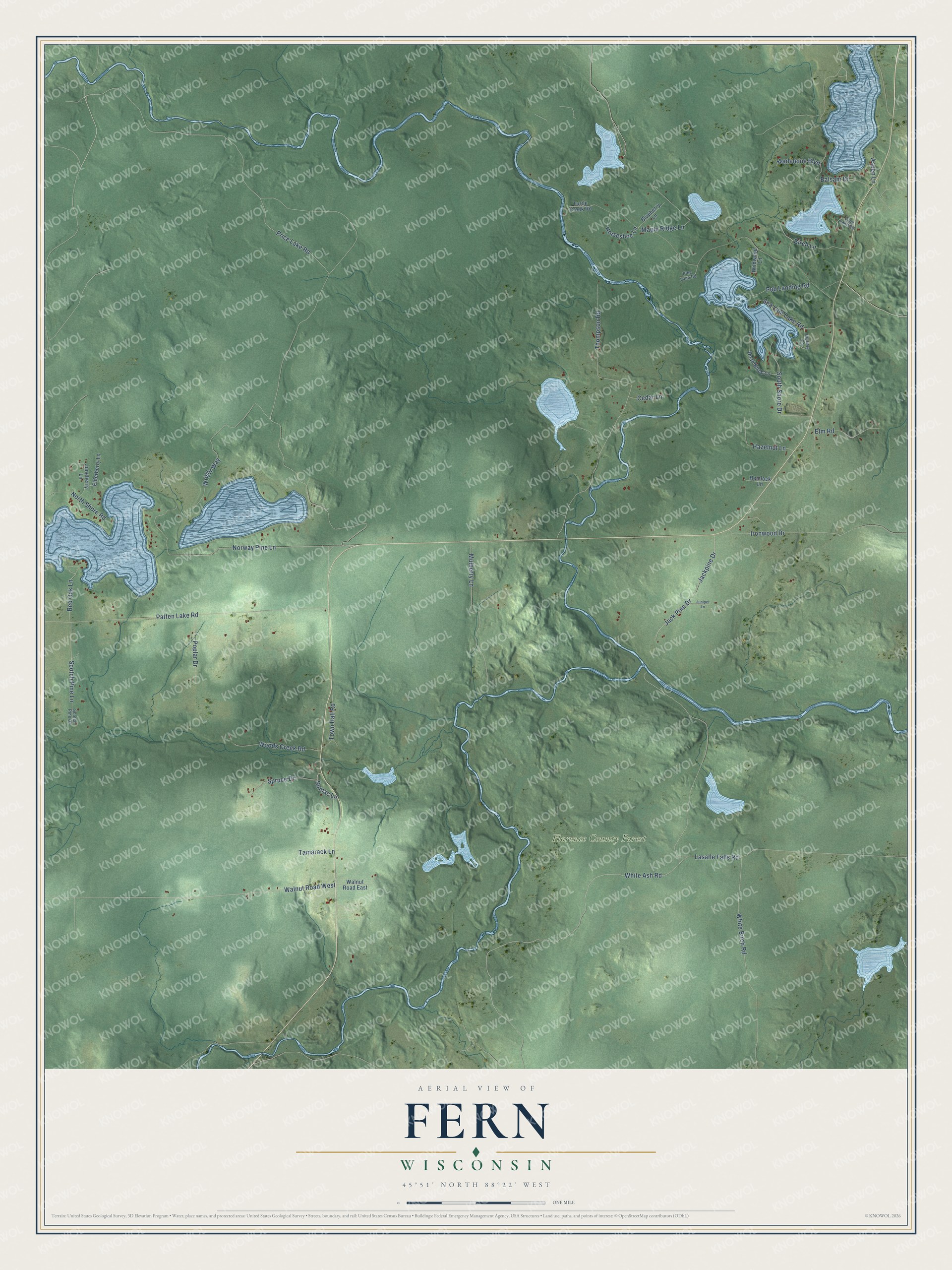 Full map of Fern, Wisconsin, with red buildings, printed street names and the land around them