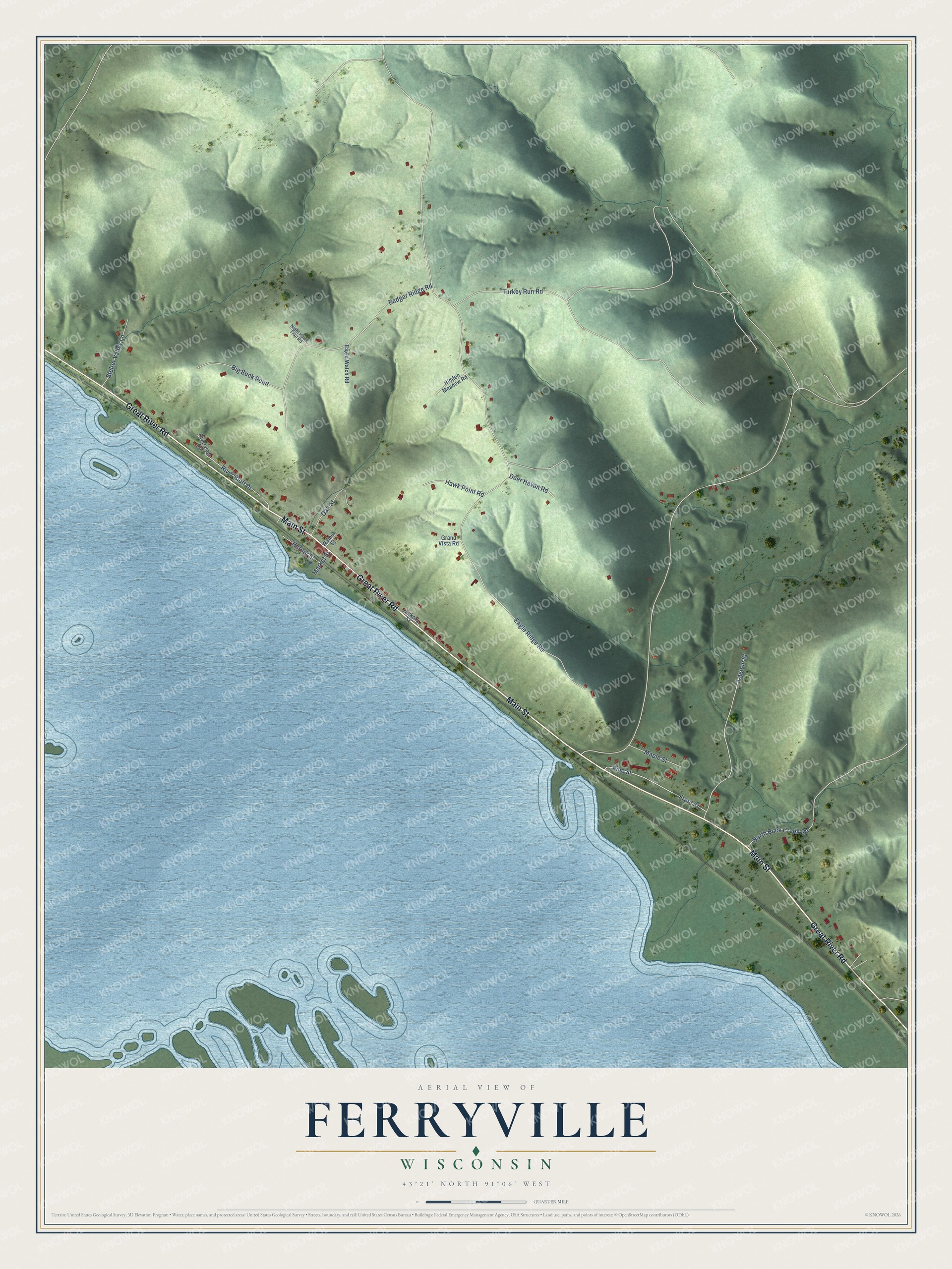 Full map of Ferryville, Wisconsin, with red buildings, printed street names and the land around them
