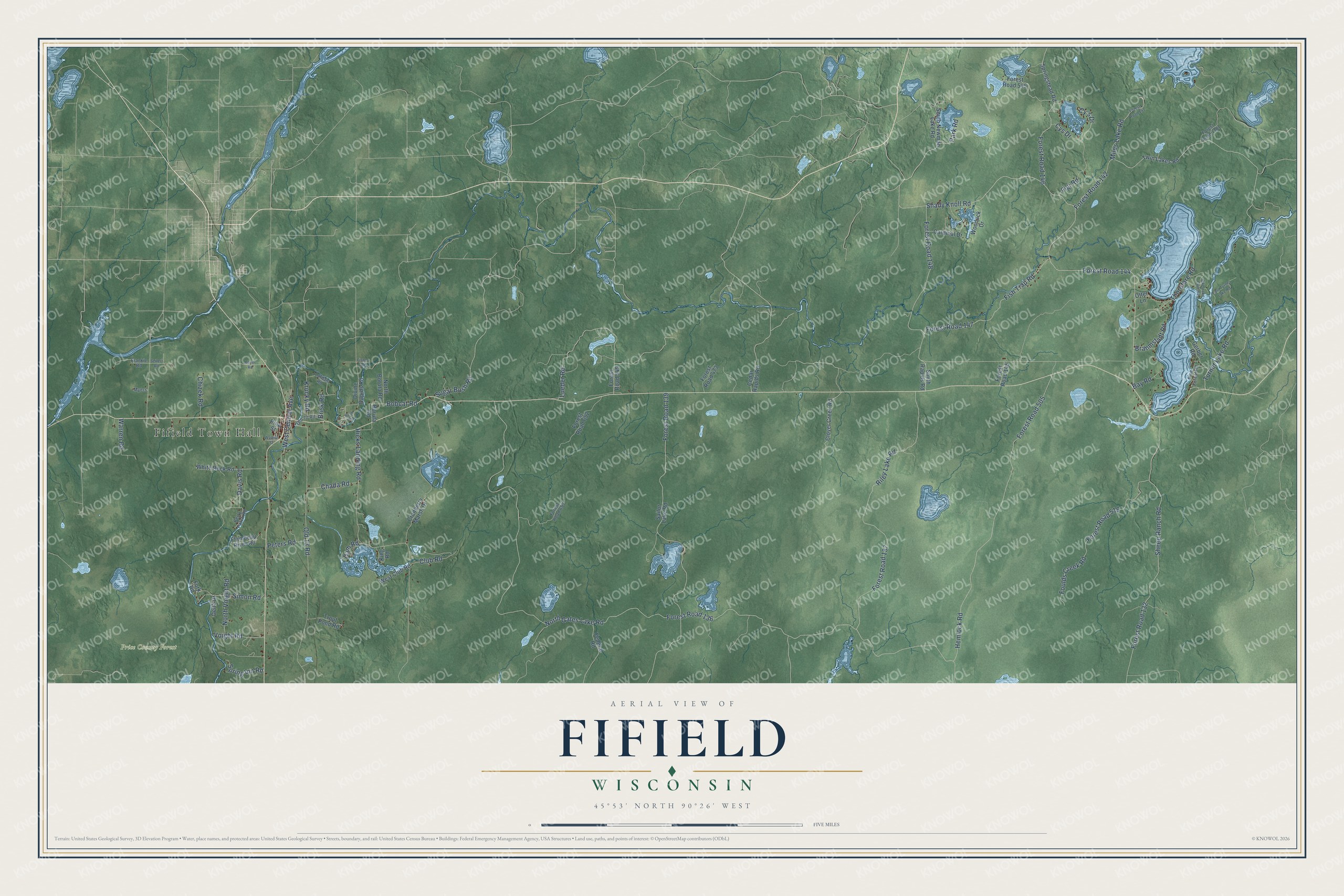 Full map of Fifield, Wisconsin, with red buildings, printed street names and the land around them