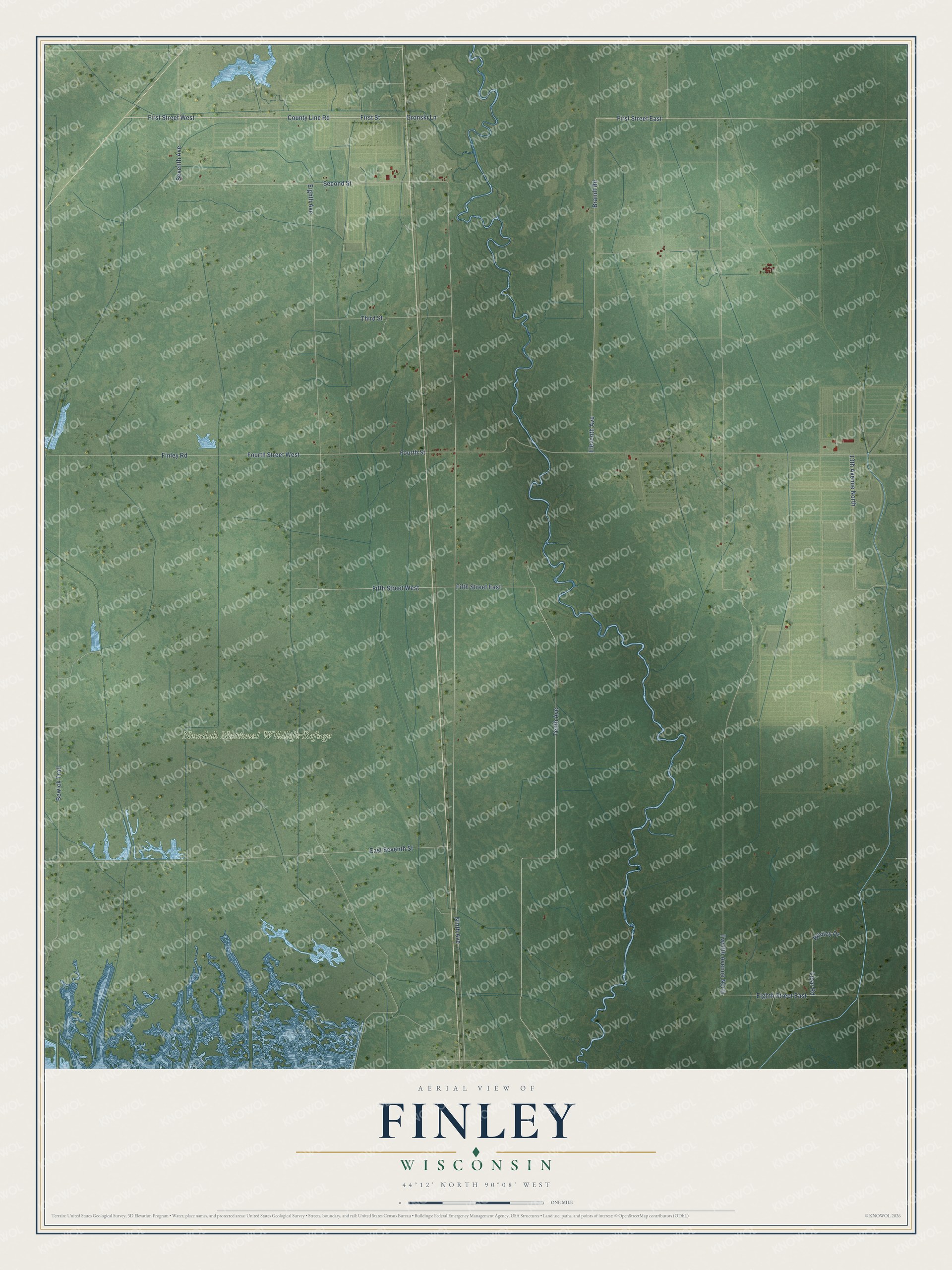 Full map of Finley, Wisconsin, with red buildings, printed street names and the land around them