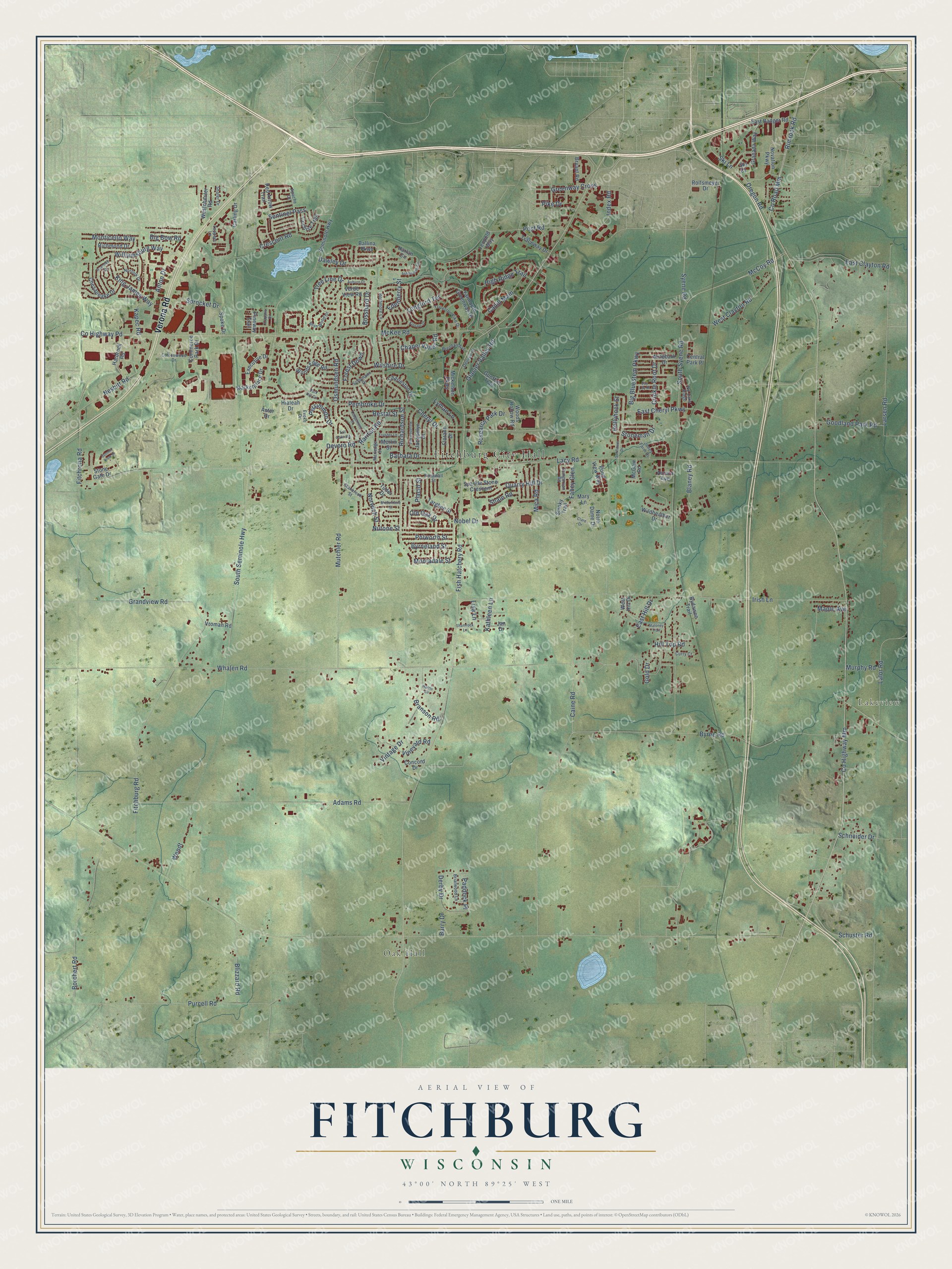 Full map of Fitchburg, Wisconsin, with red buildings, printed street names and the land around them