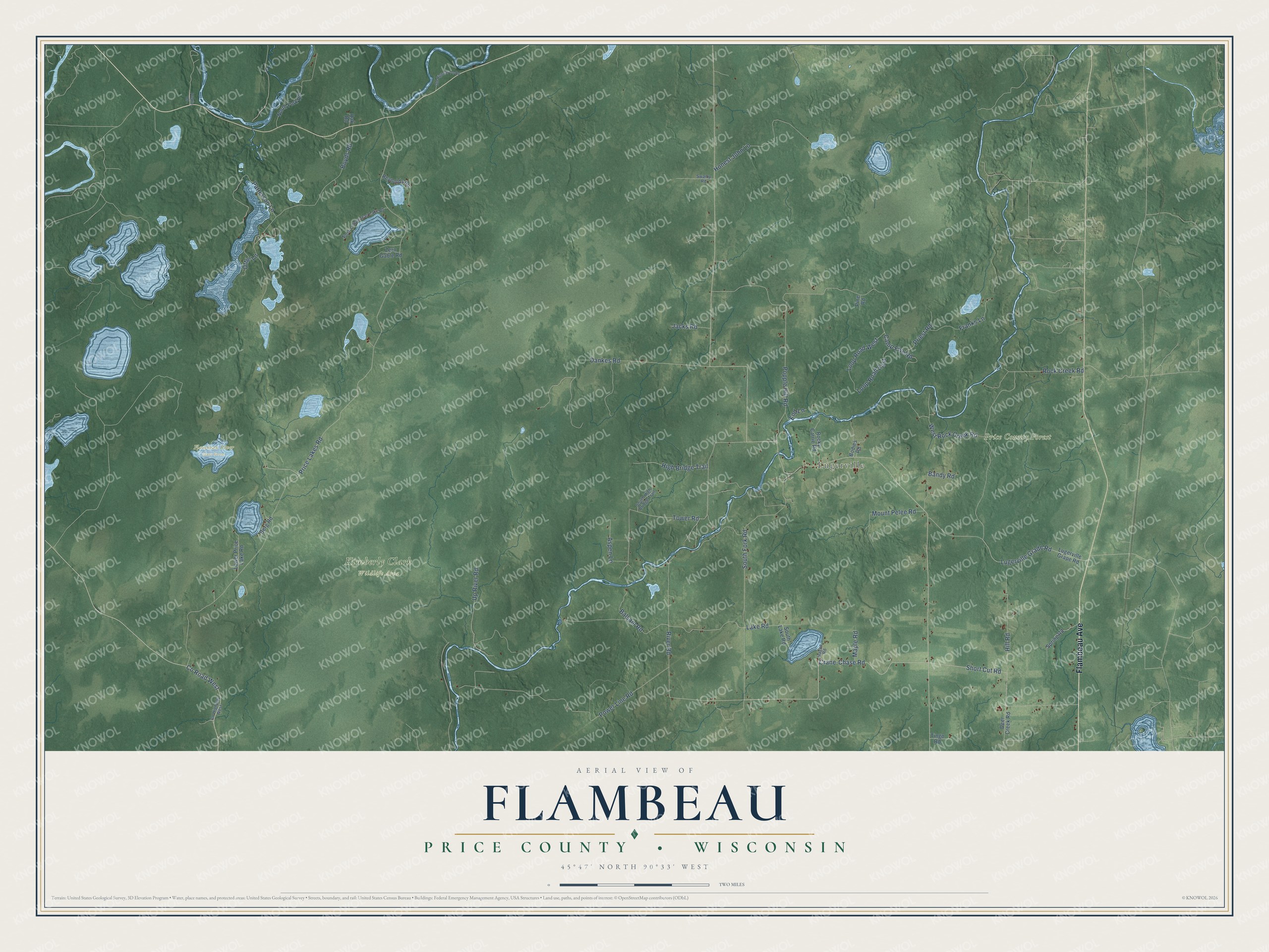 Full map of Flambeau, Wisconsin, with red buildings, printed street names and the land around them