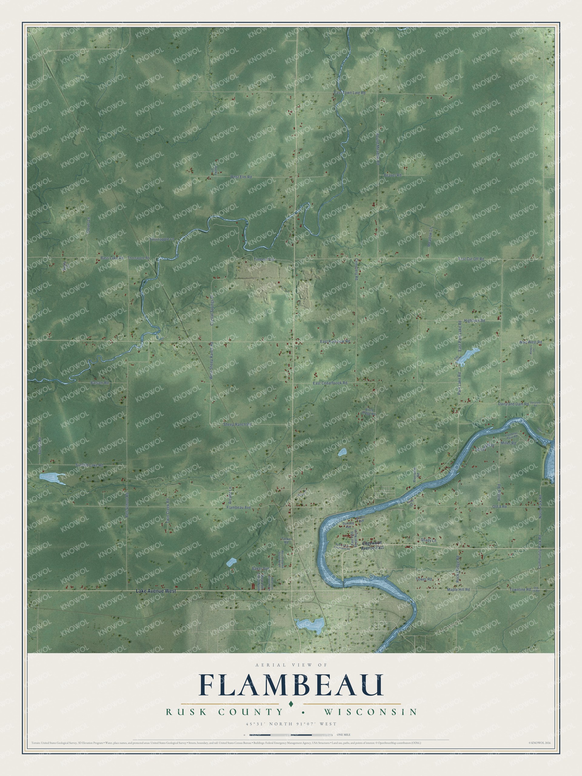 Full map of Flambeau, Wisconsin, with red buildings, printed street names and the land around them