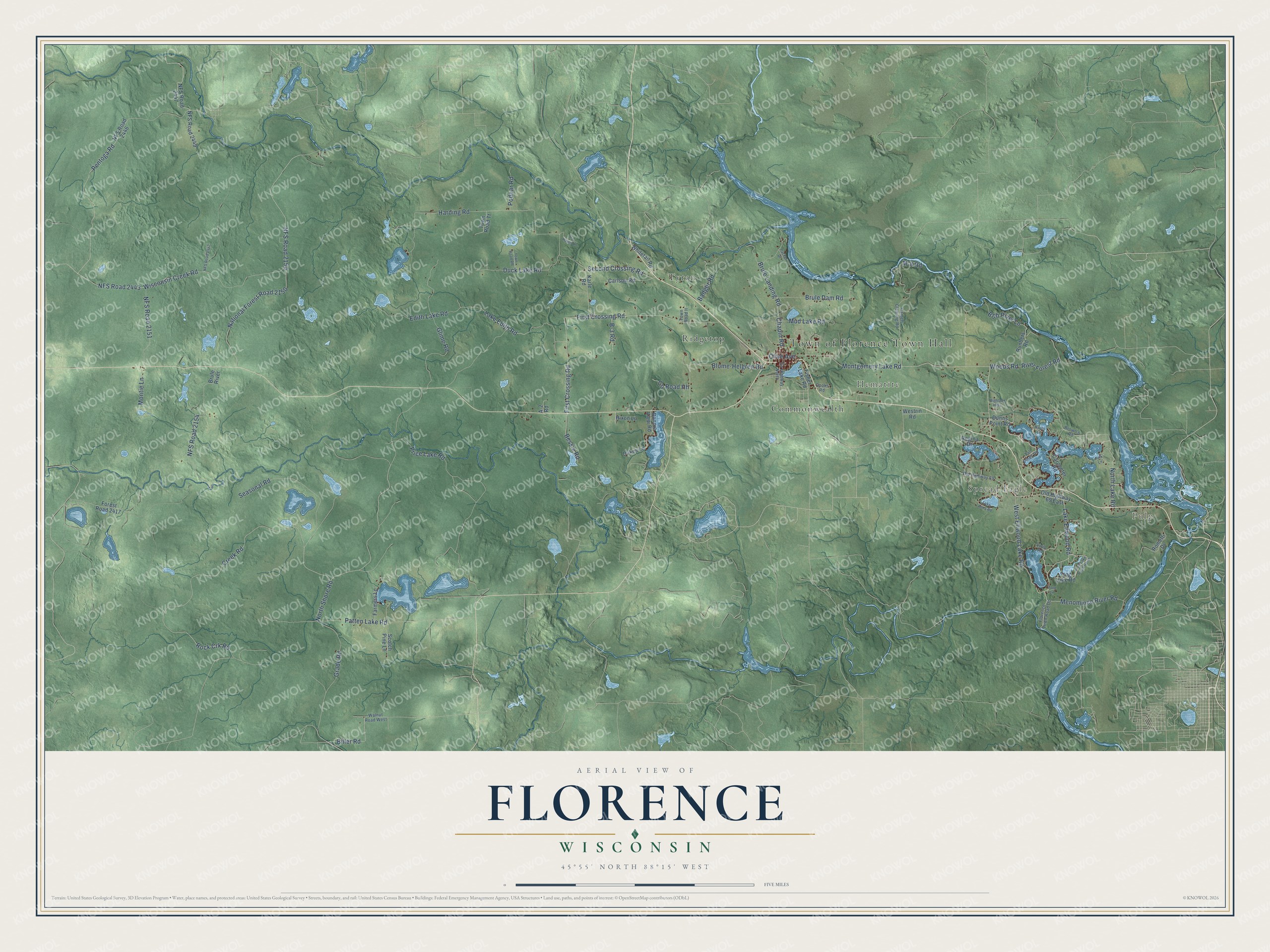 Full map of Florence, Wisconsin, with red buildings, printed street names and the land around them