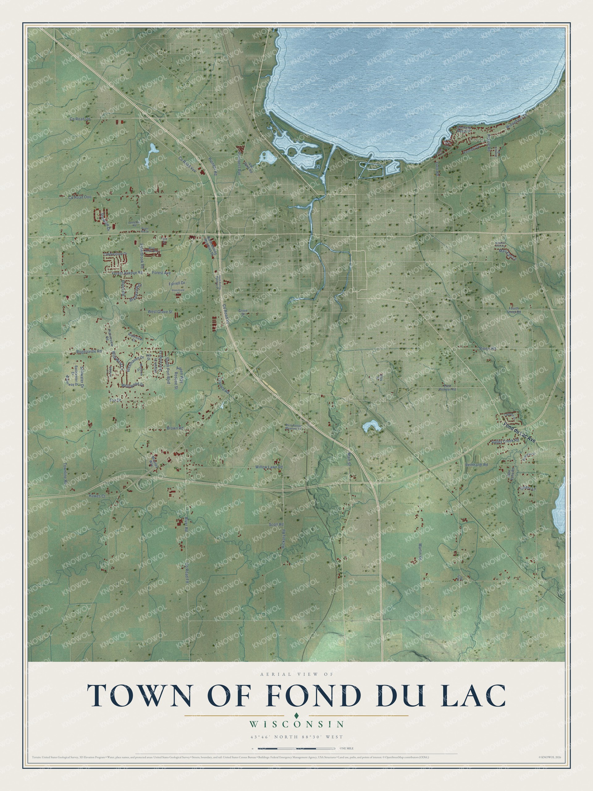 Full map of Fond du Lac, Wisconsin, with red buildings, printed street names and the land around them