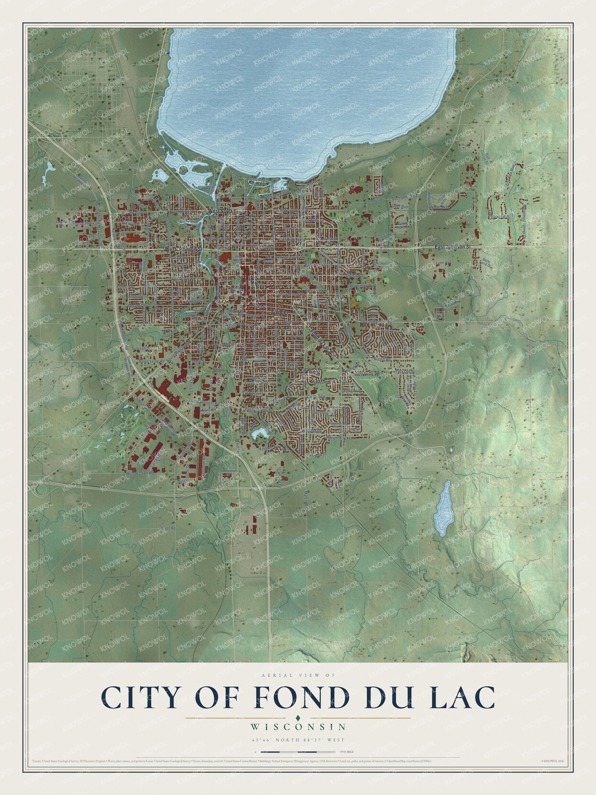 Full map of Fond du Lac, Wisconsin, with red buildings, printed street names and the land around them