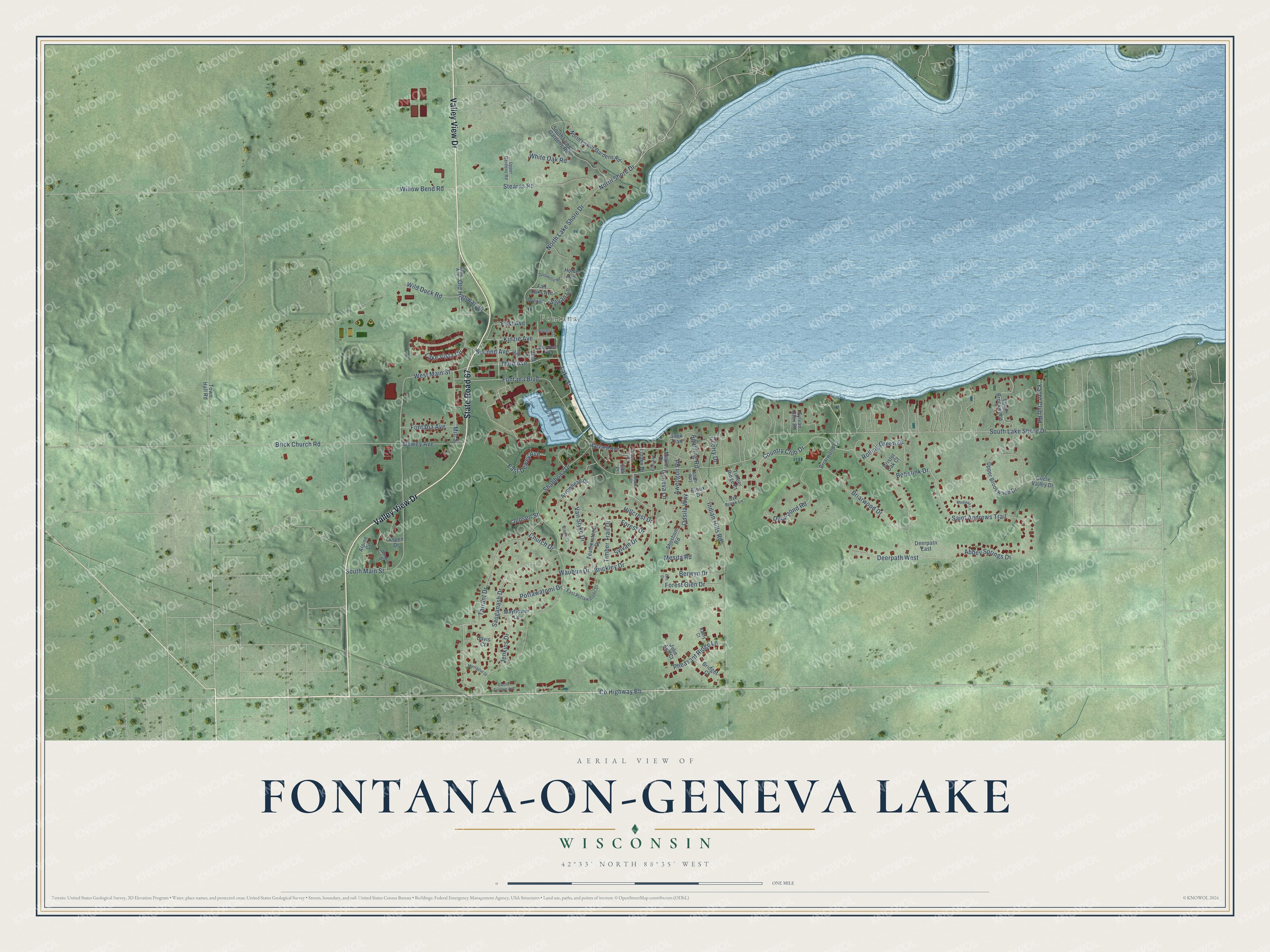 Full map of Fontana-on-Geneva Lake, Wisconsin, with red buildings, printed street names and the land around them