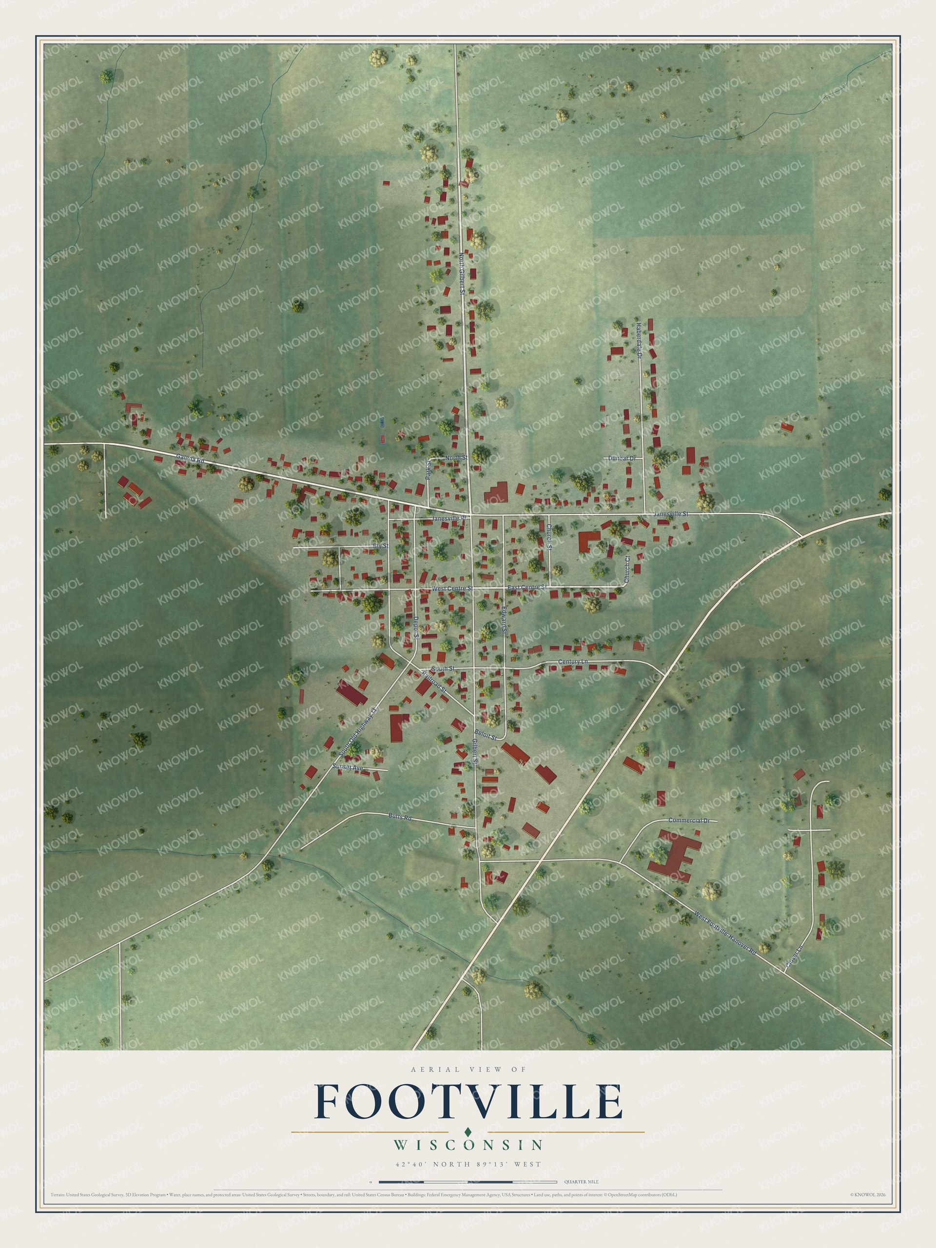 Full map of Footville, Wisconsin, with red buildings, printed street names and the land around them