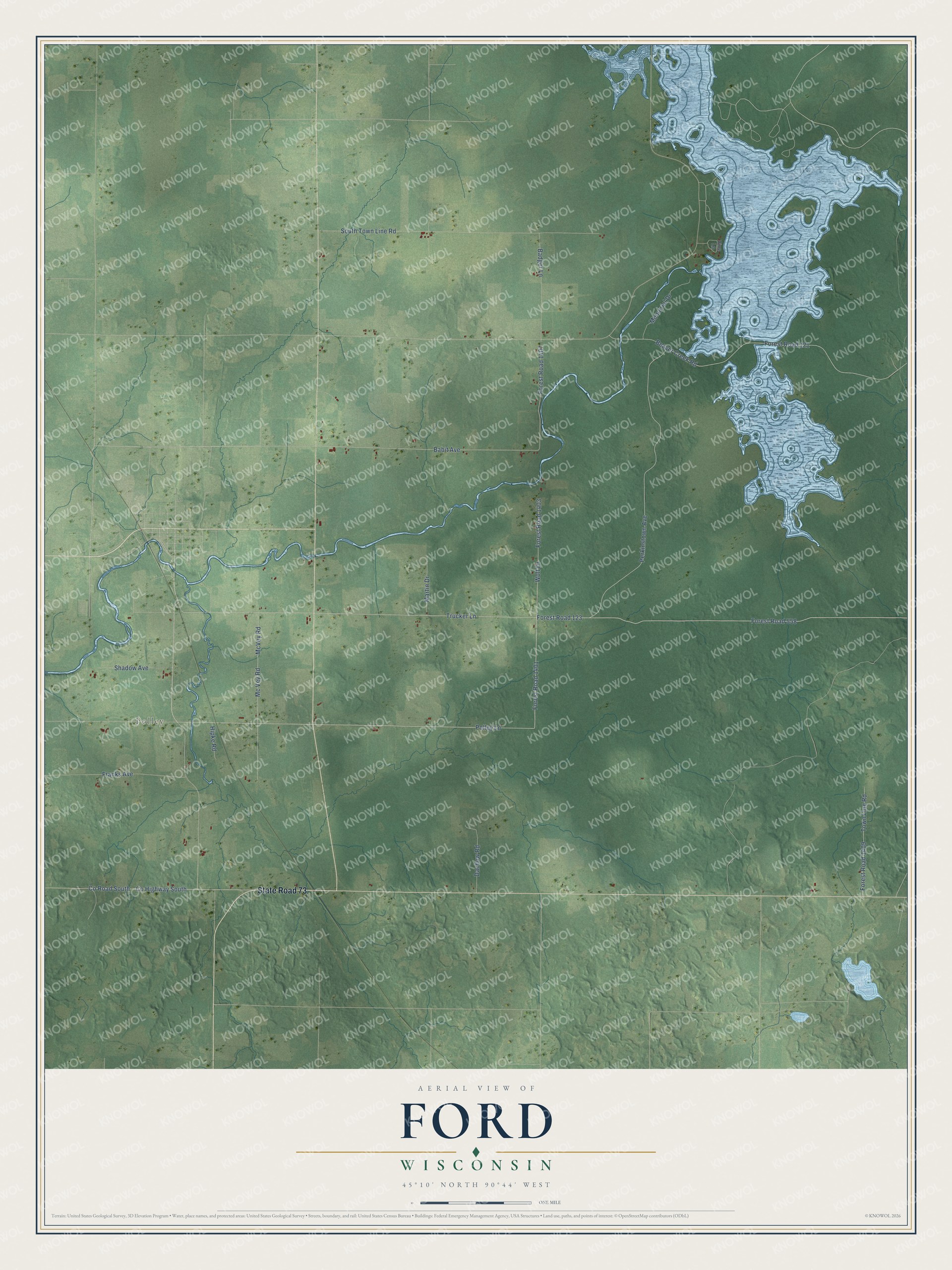 Full map of Ford, Wisconsin, with red buildings, printed street names and the land around them