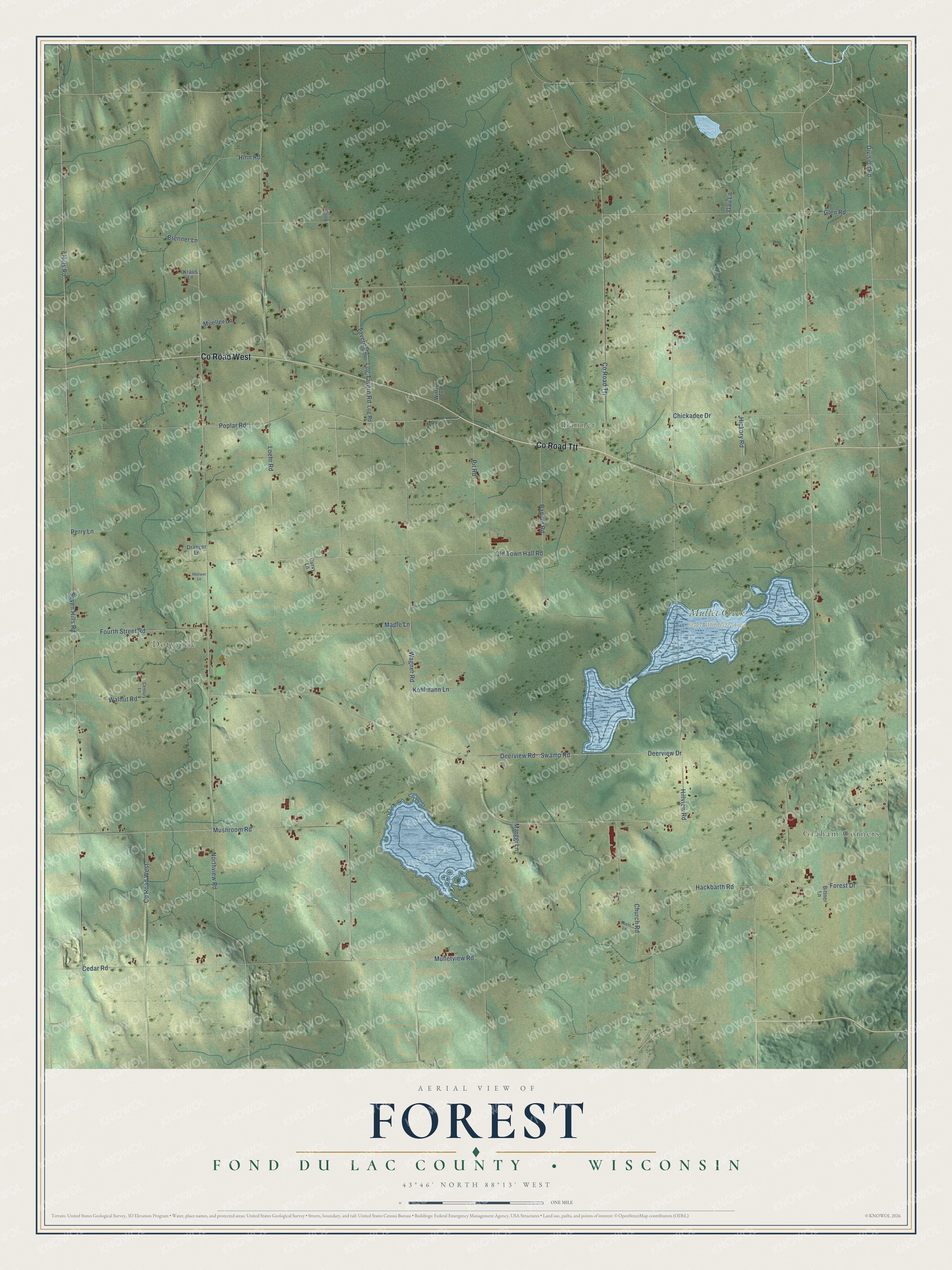 Full map of Forest, Wisconsin, with red buildings, printed street names and the land around them