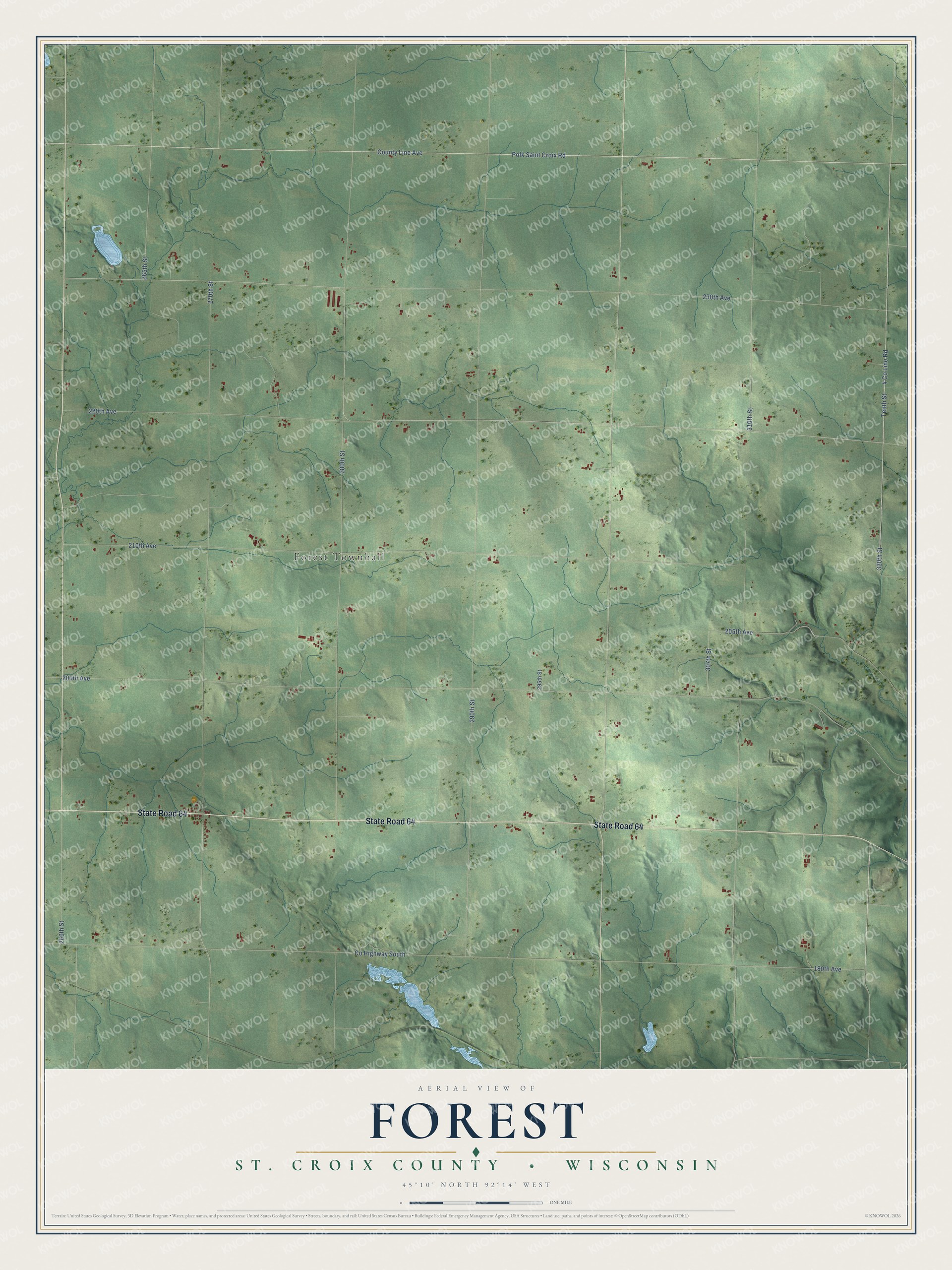 Full map of Forest, Wisconsin, with red buildings, printed street names and the land around them