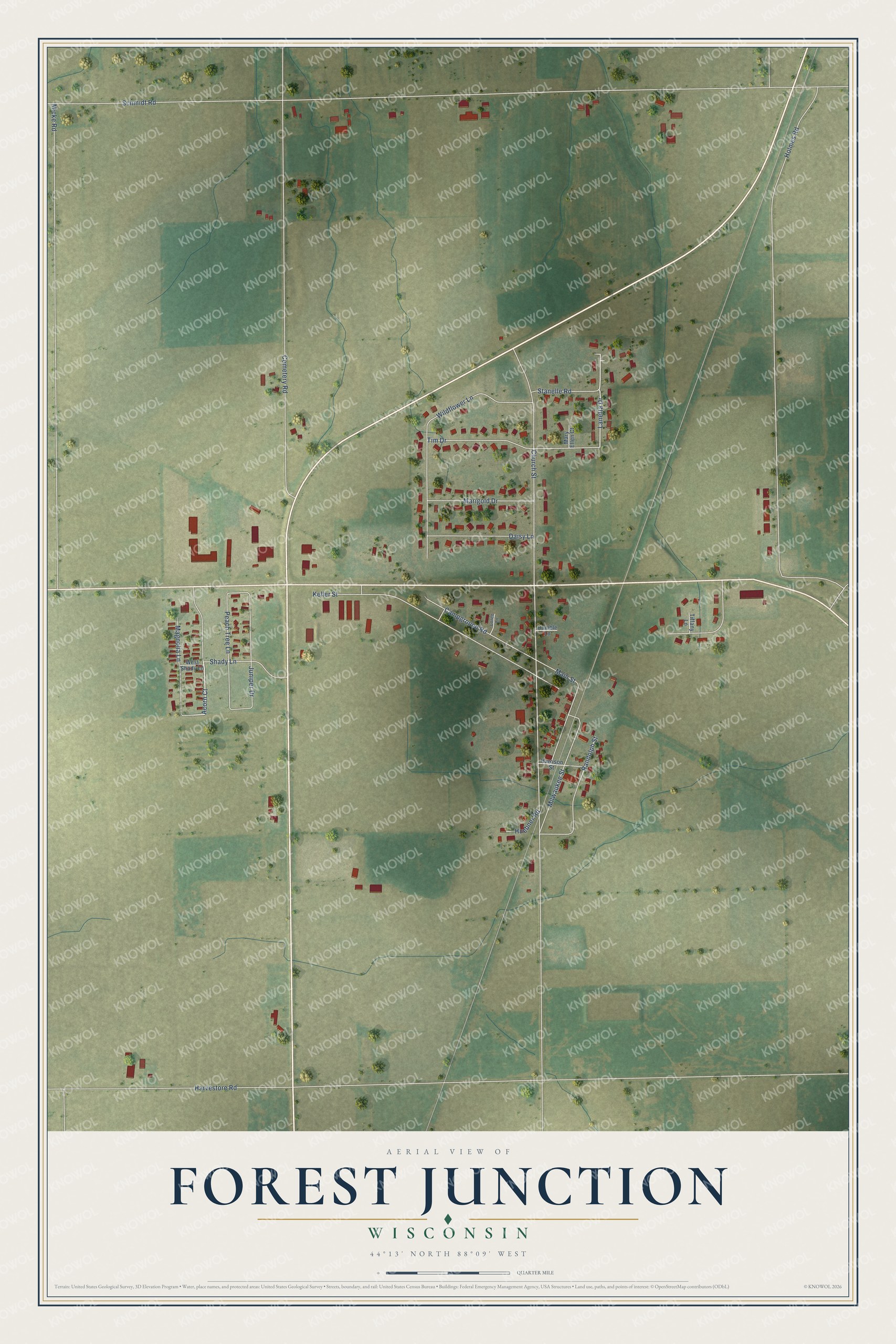 Full map of Forest Junction, Wisconsin, with red buildings, printed street names and the land around them
