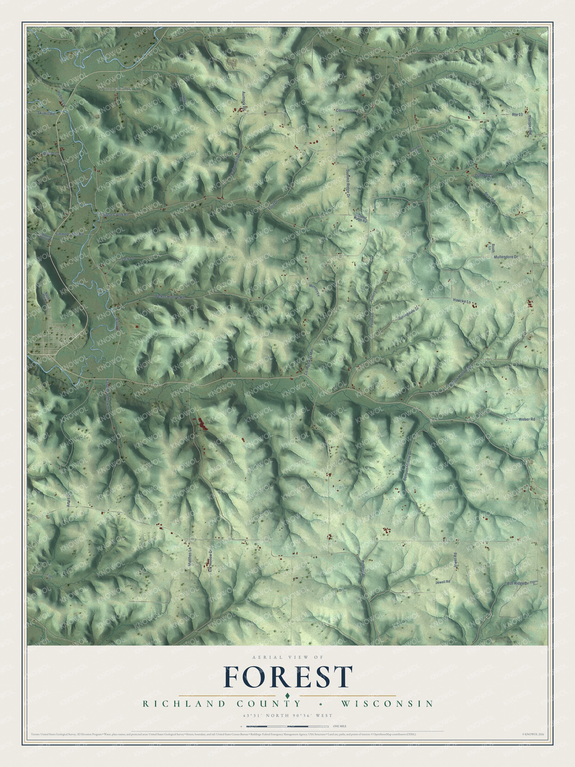 Full map of Forest, Wisconsin, with red buildings, printed street names and the land around them