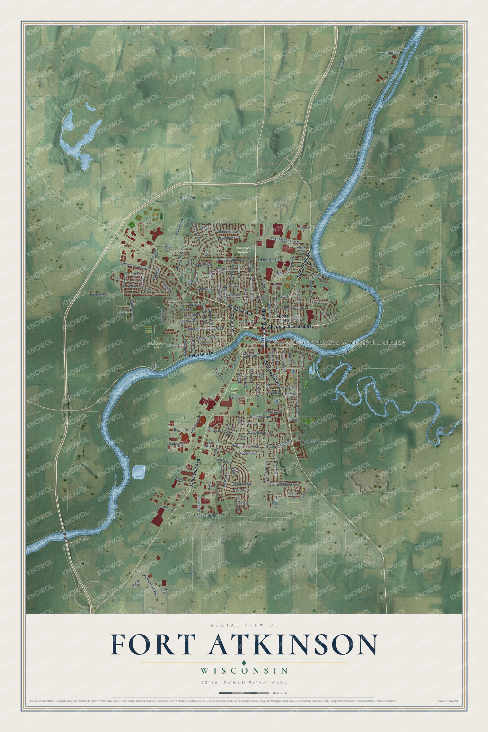 Full map of Fort Atkinson, Wisconsin, with red buildings, printed street names and the land around them
