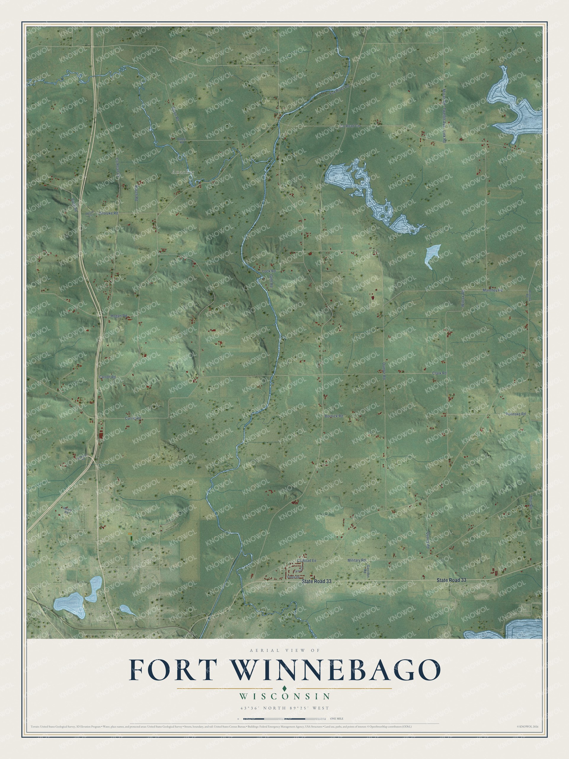 Full map of Fort Winnebago, Wisconsin, with red buildings, printed street names and the land around them