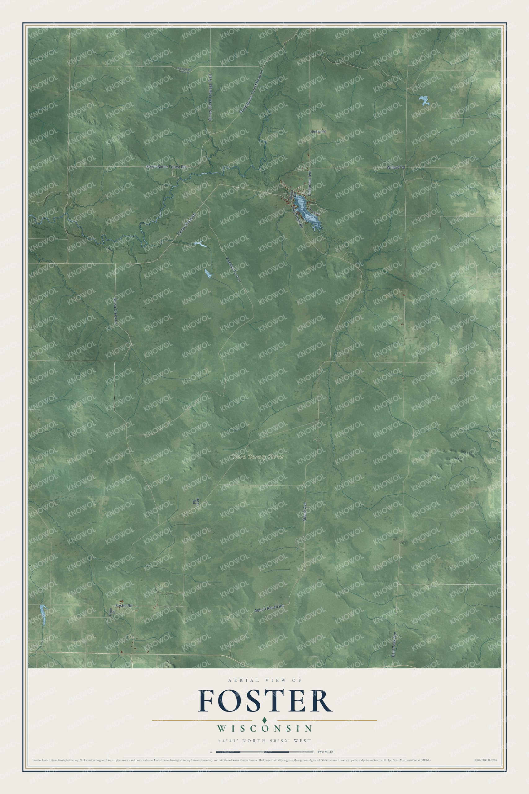 Full map of Foster, Wisconsin, with red buildings, printed street names and the land around them