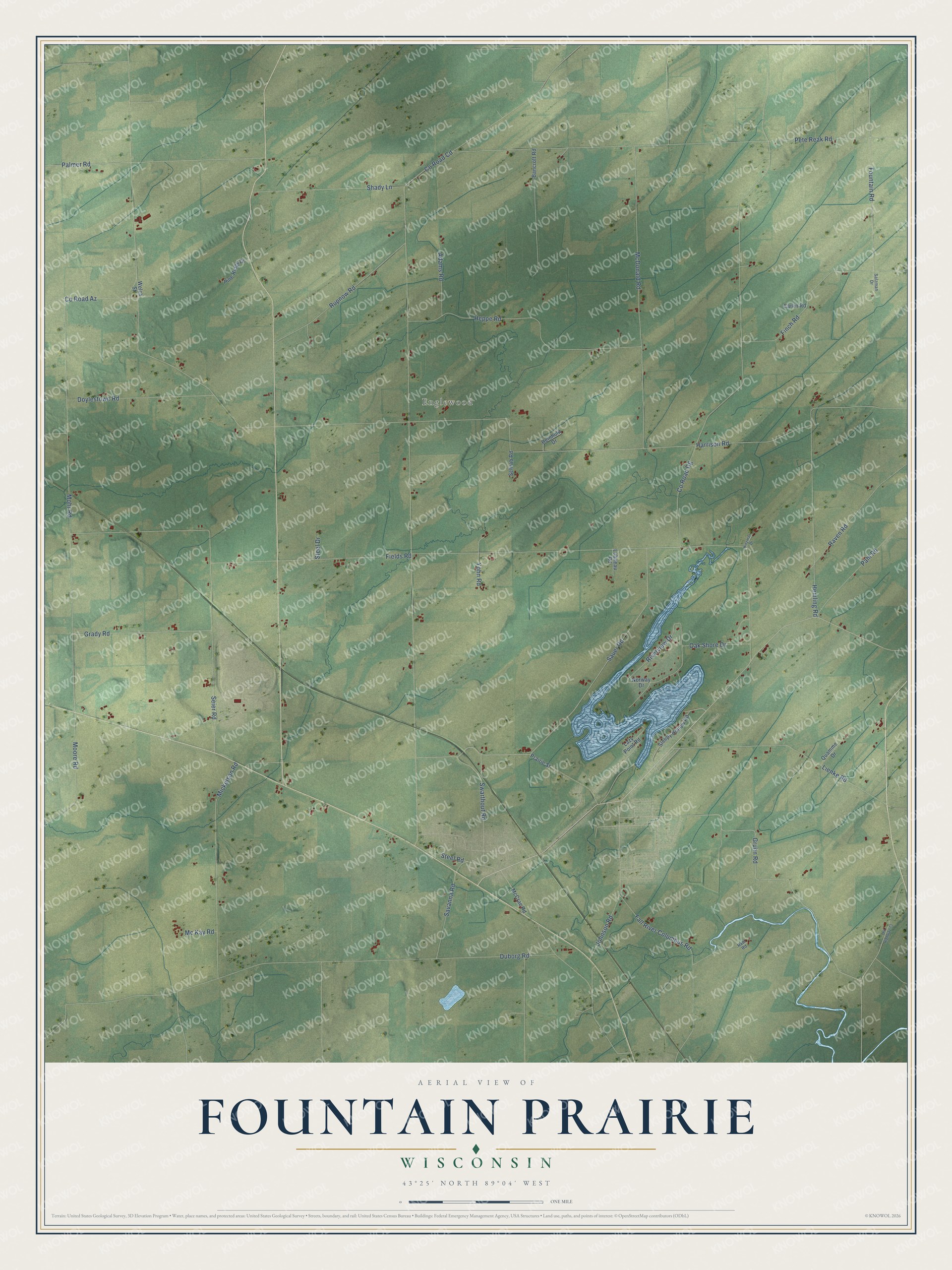 Full map of Fountain Prairie, Wisconsin, with red buildings, printed street names and the land around them