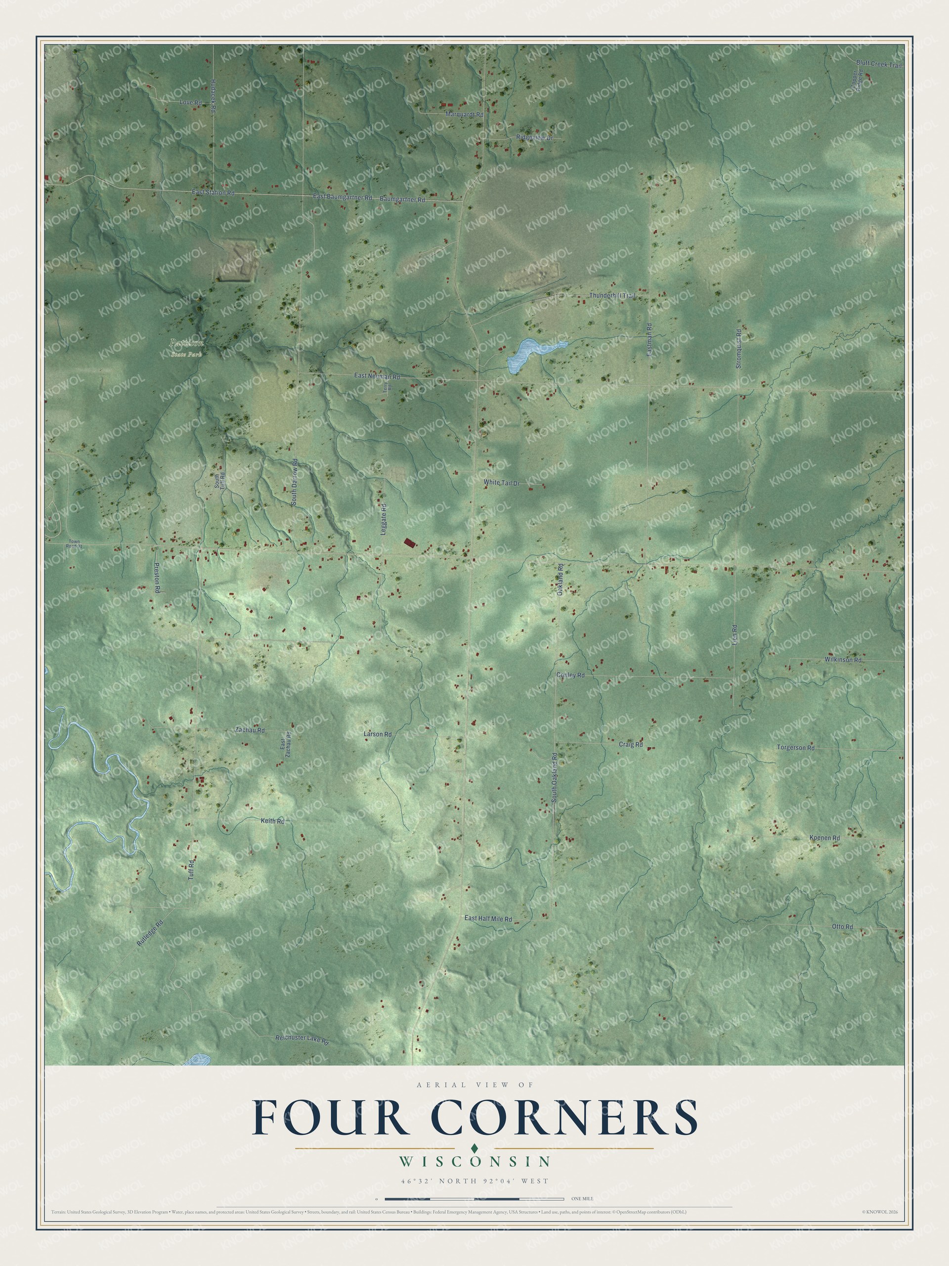 Full map of Four Corners, Wisconsin, with red buildings, printed street names and the land around them