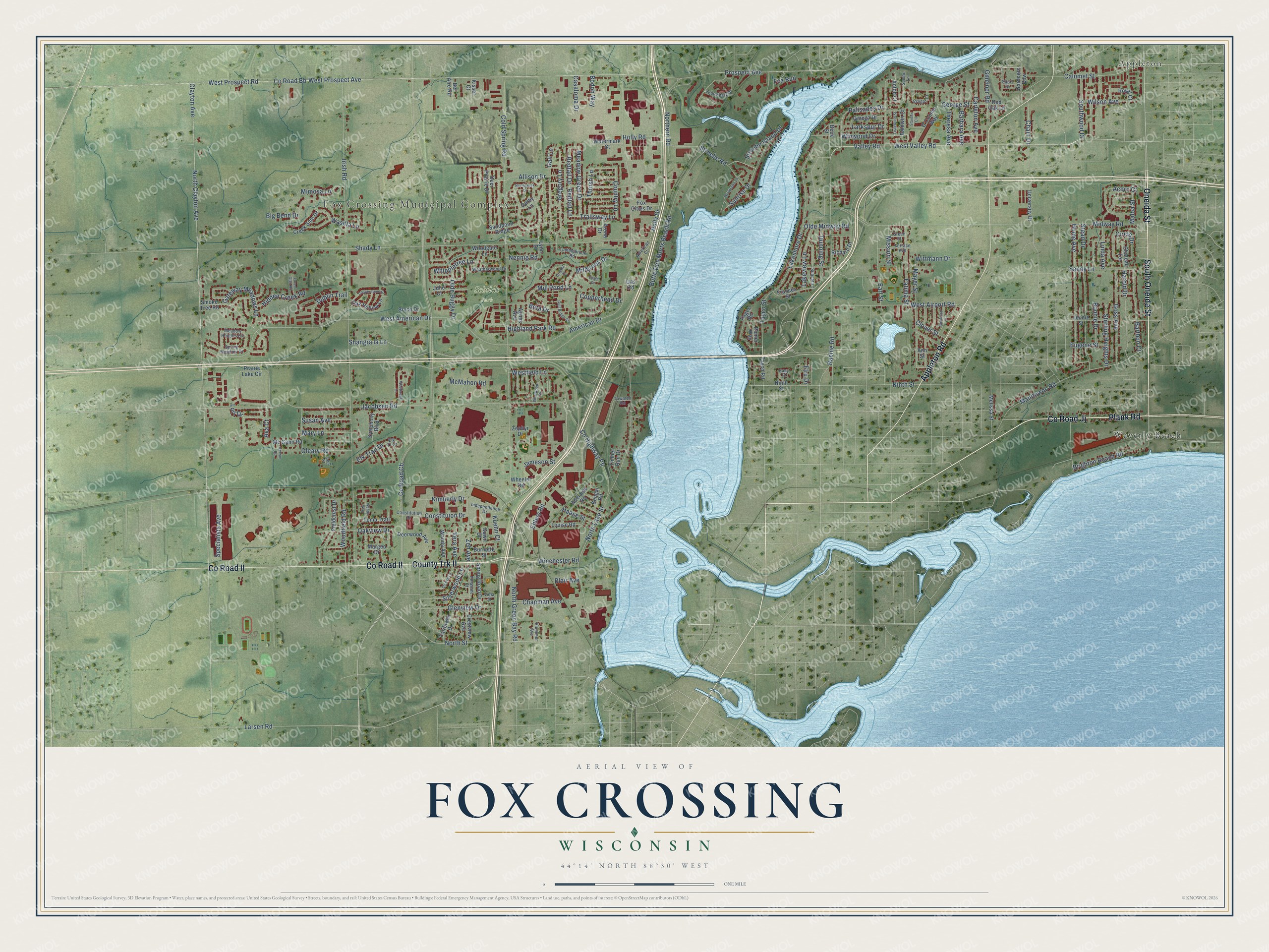 Full map of Fox Crossing, Wisconsin, with red buildings, printed street names and the land around them