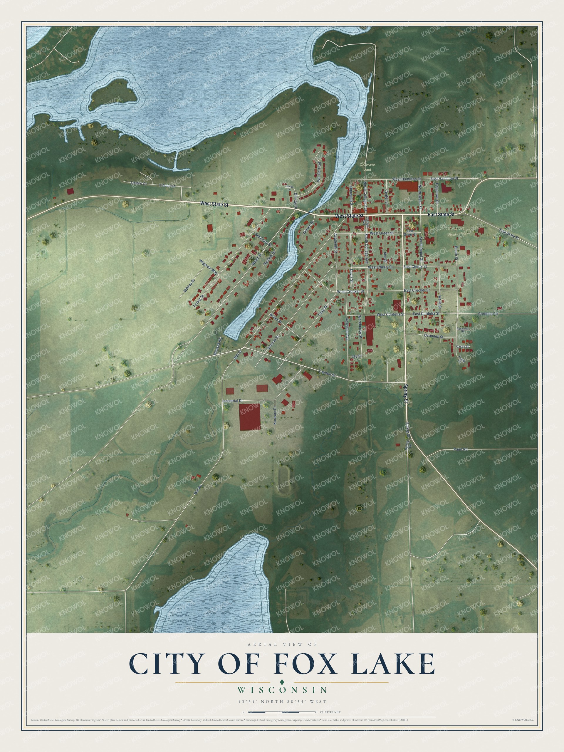 Full map of Fox Lake, Wisconsin, with red buildings, printed street names and the land around them